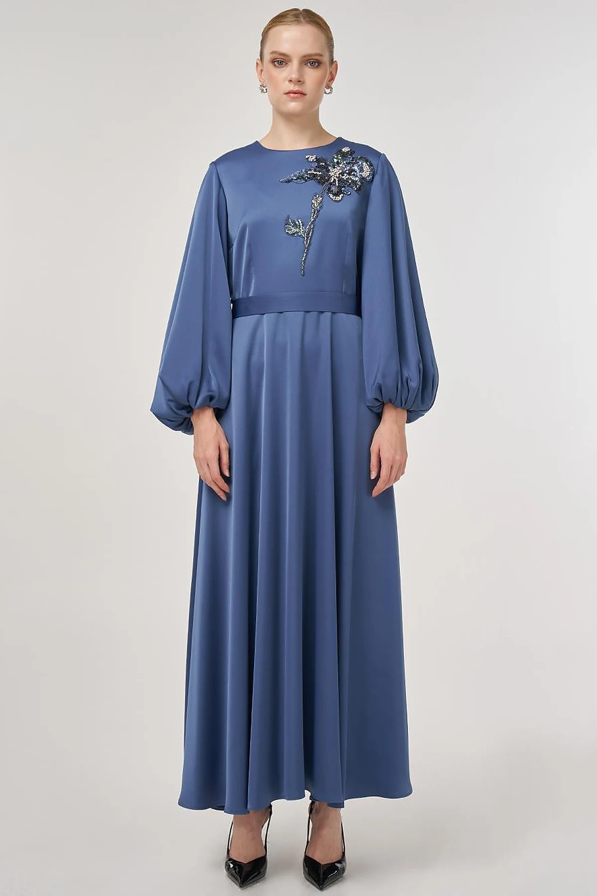 Sequin Embroidered Satin Dress Indigo