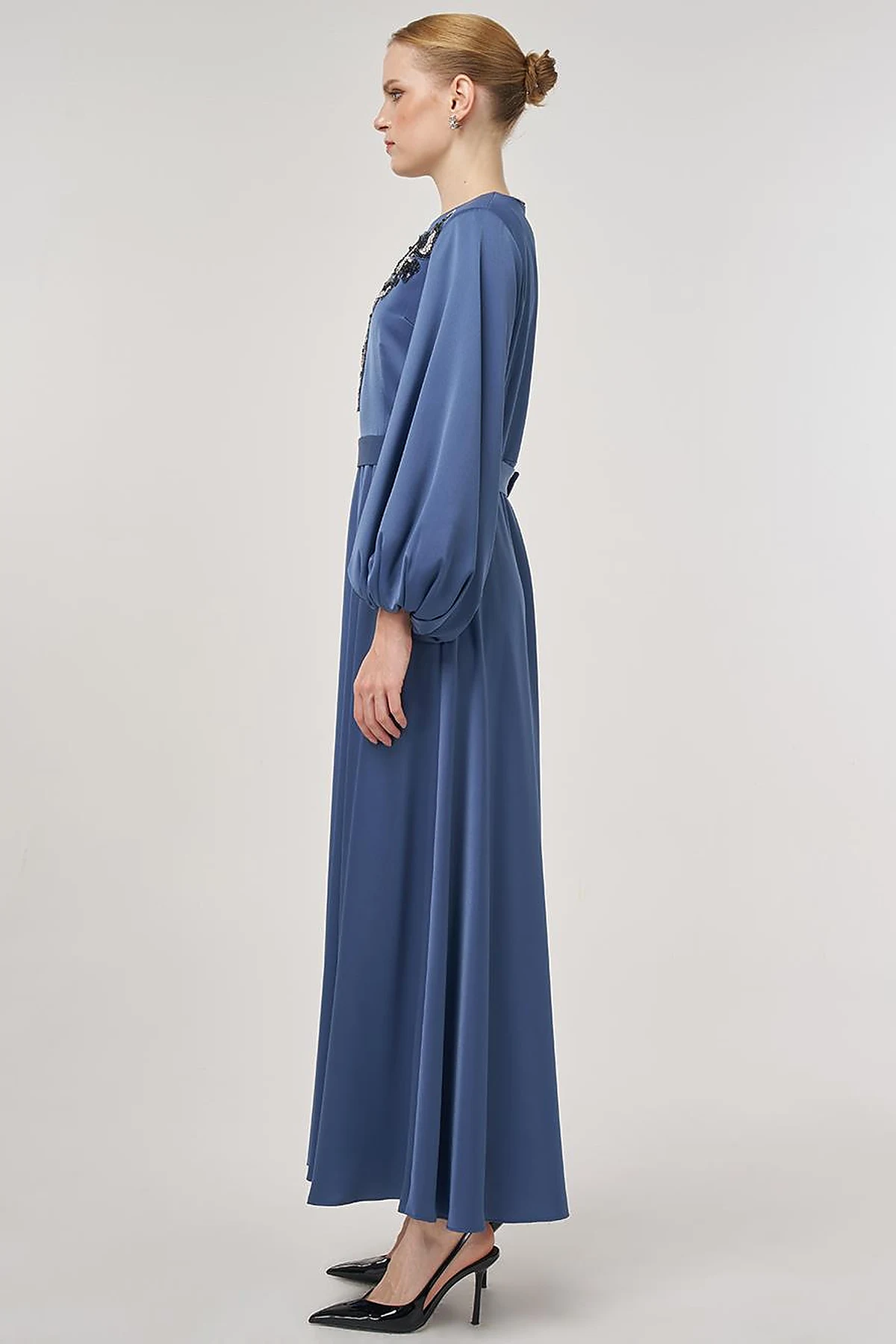 Sequin Embroidered Satin Dress Indigo