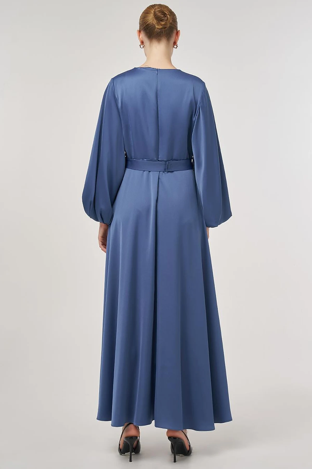 Sequin Embroidered Satin Dress Indigo