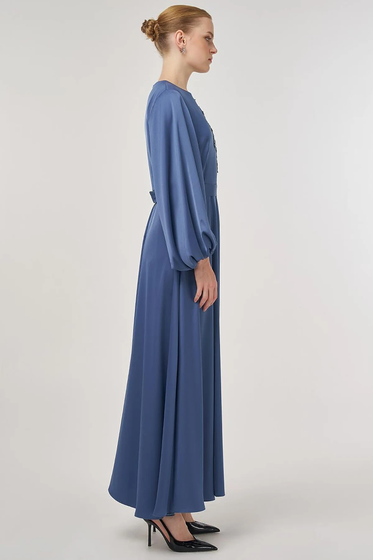 Sequin Embroidered Satin Dress Indigo