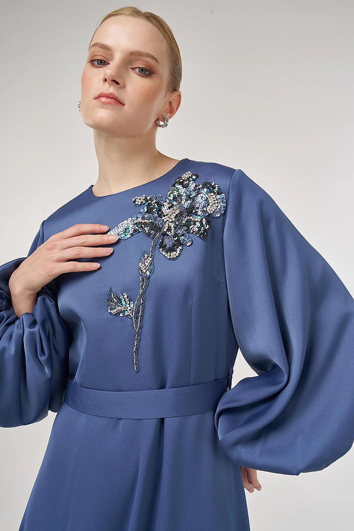 Sequin Embroidered Satin Dress Indigo