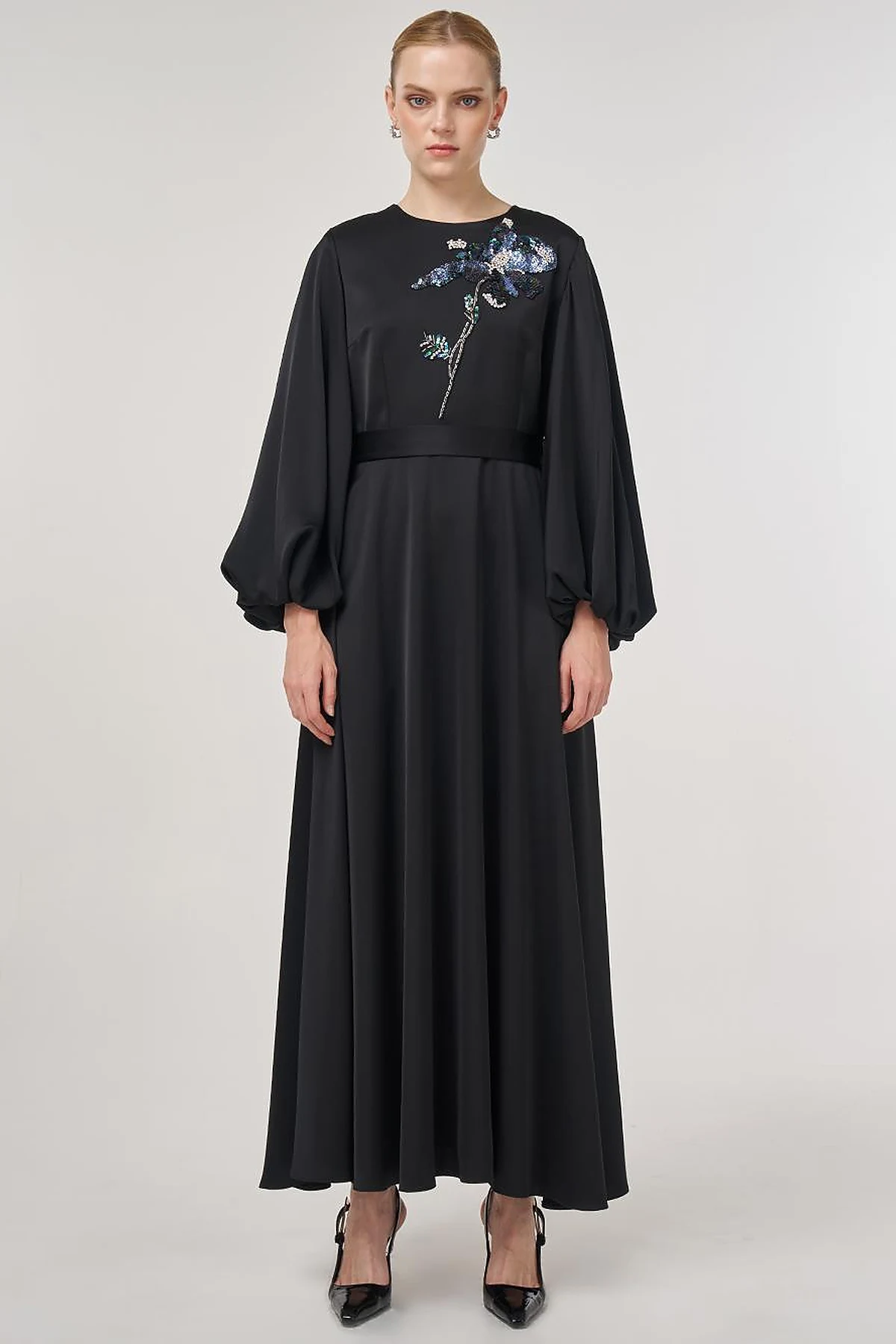 Sequin Embroidered Satin Dress Black 