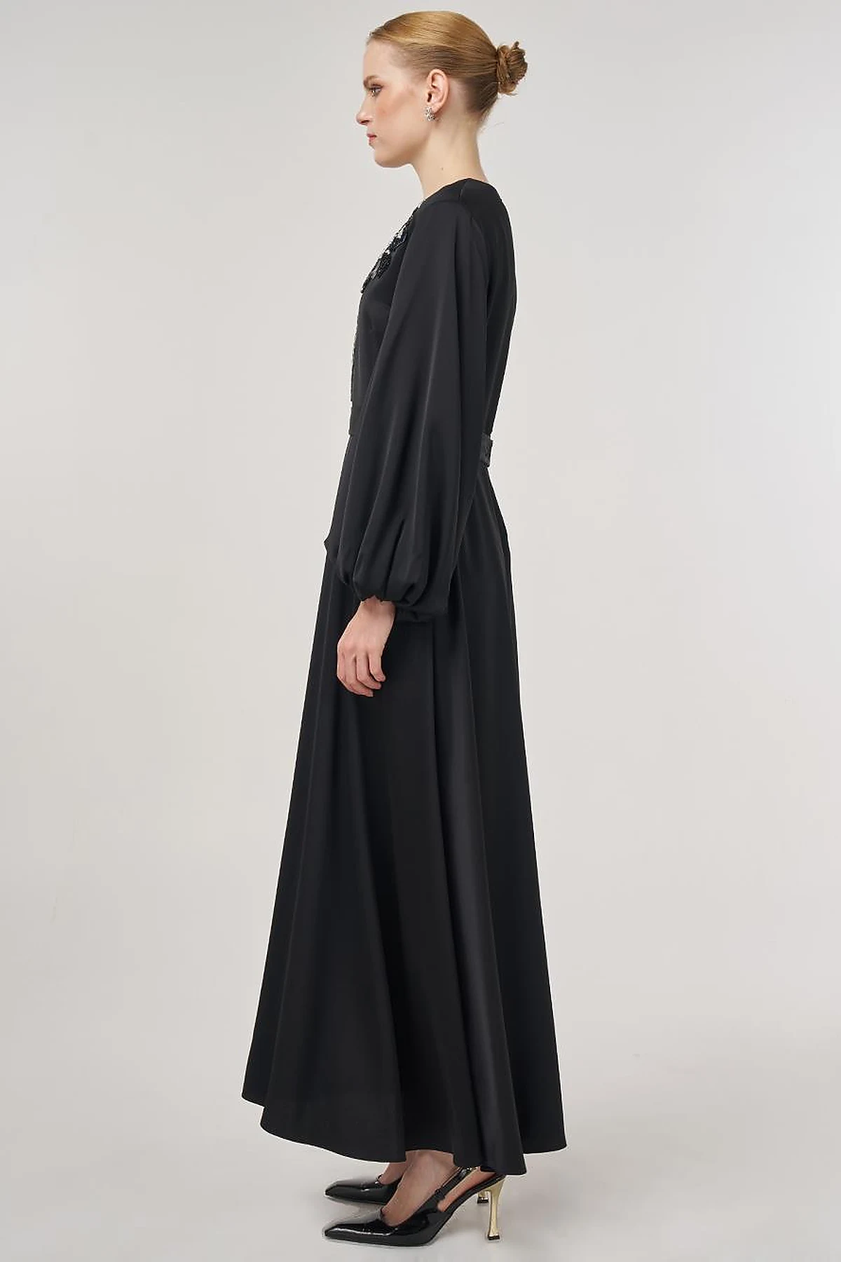 Sequin Embroidered Satin Dress Black 