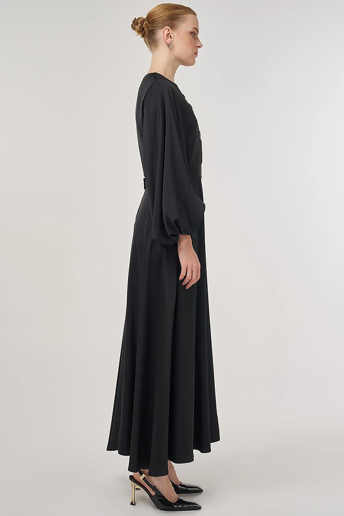 Sequin Embroidered Satin Dress Black 