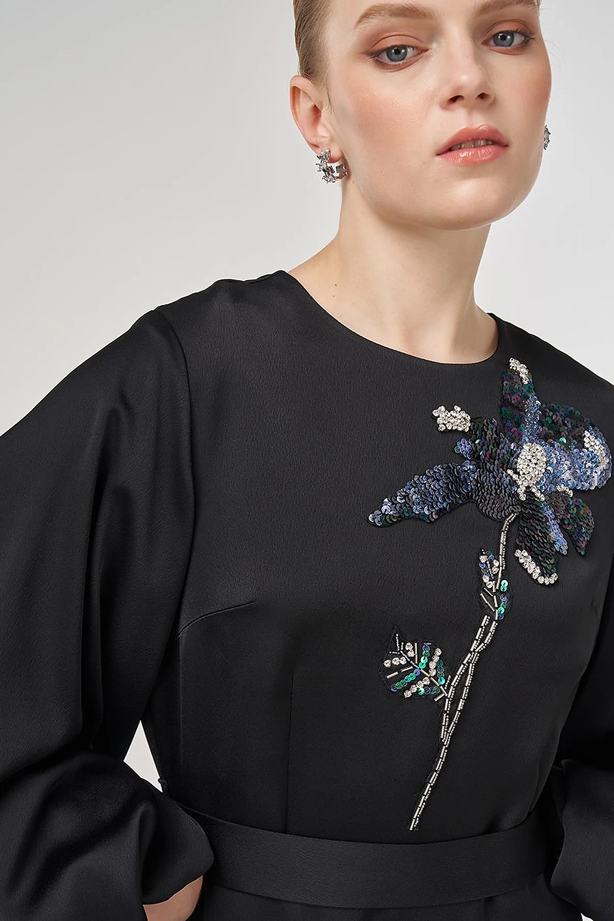 Sequin Embroidered Satin Dress Black 