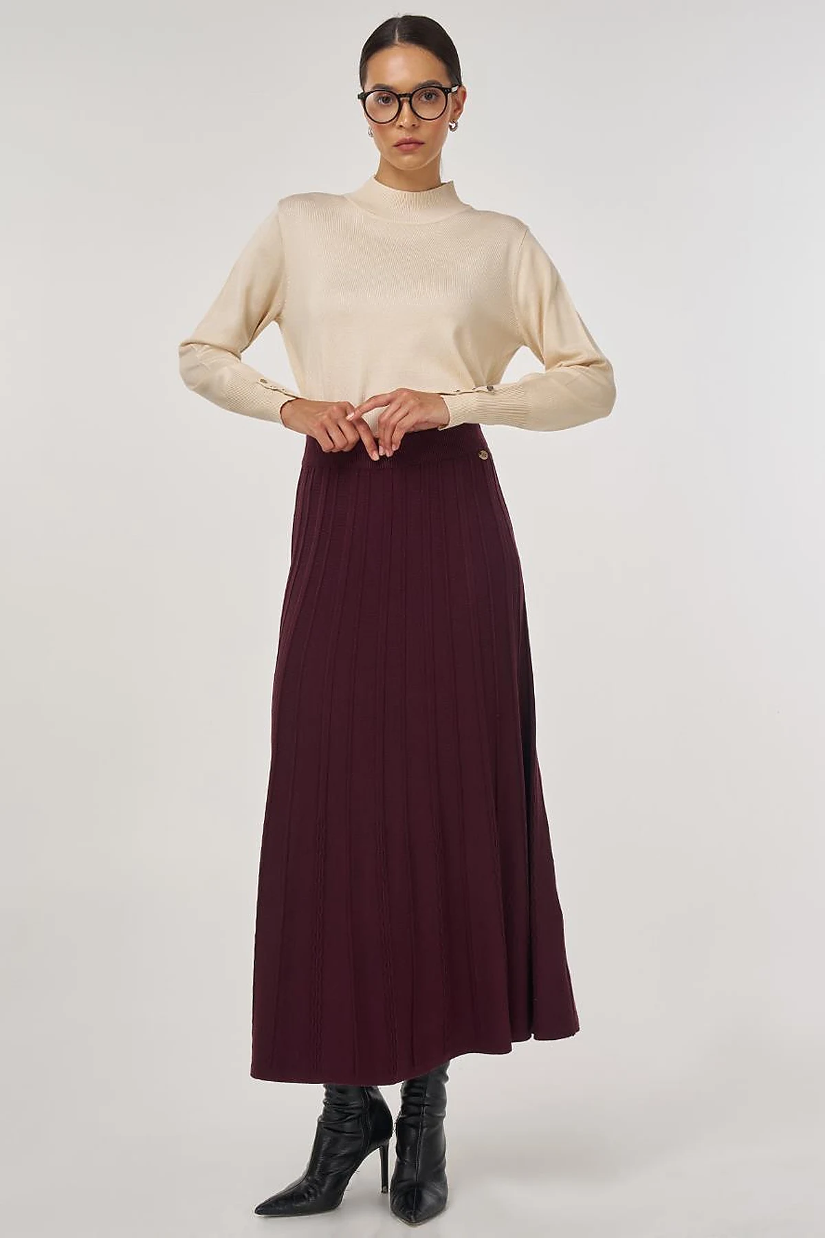High Waist Viscose Knit Skirt Burgundy