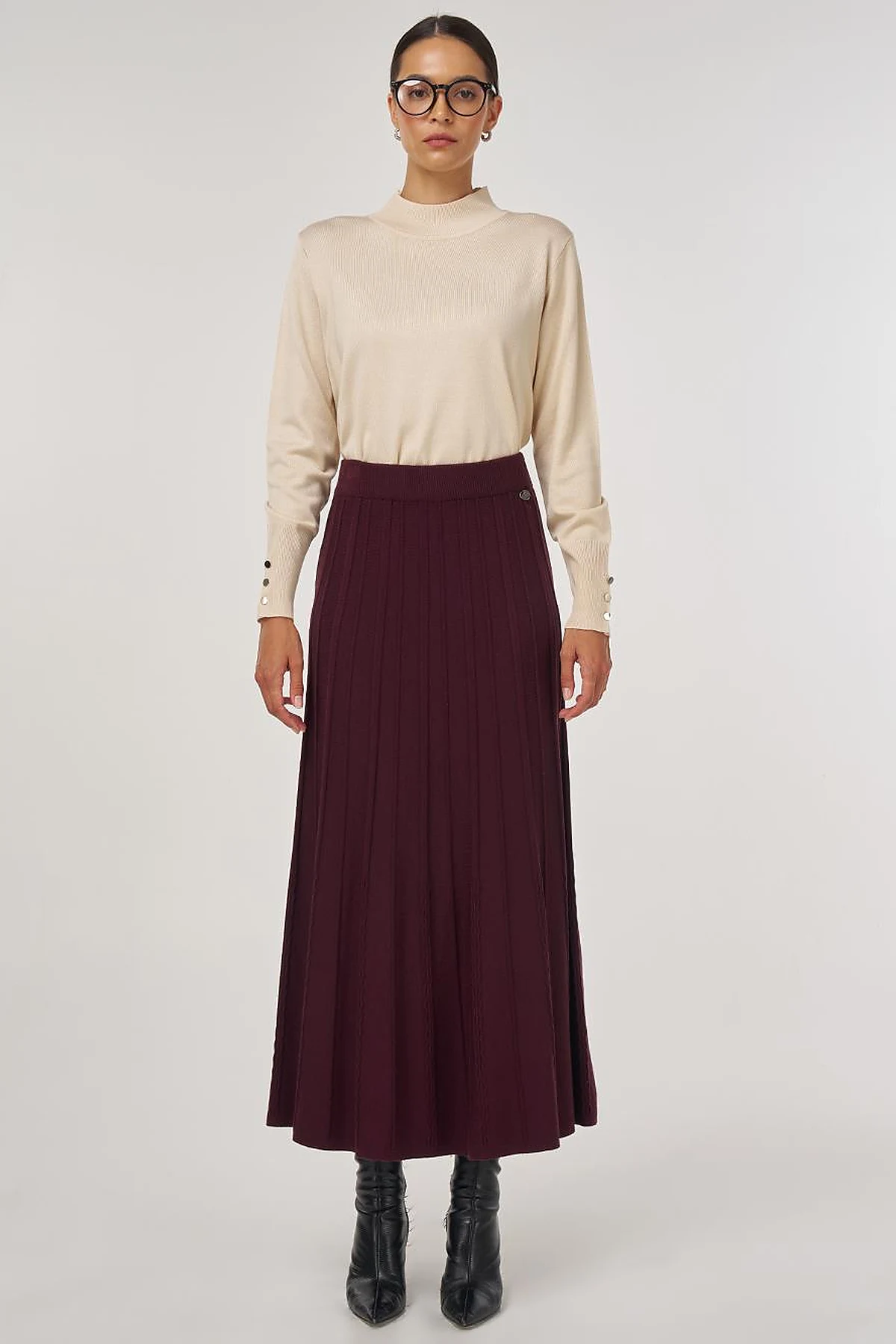 High Waist Viscose Knit Skirt Burgundy