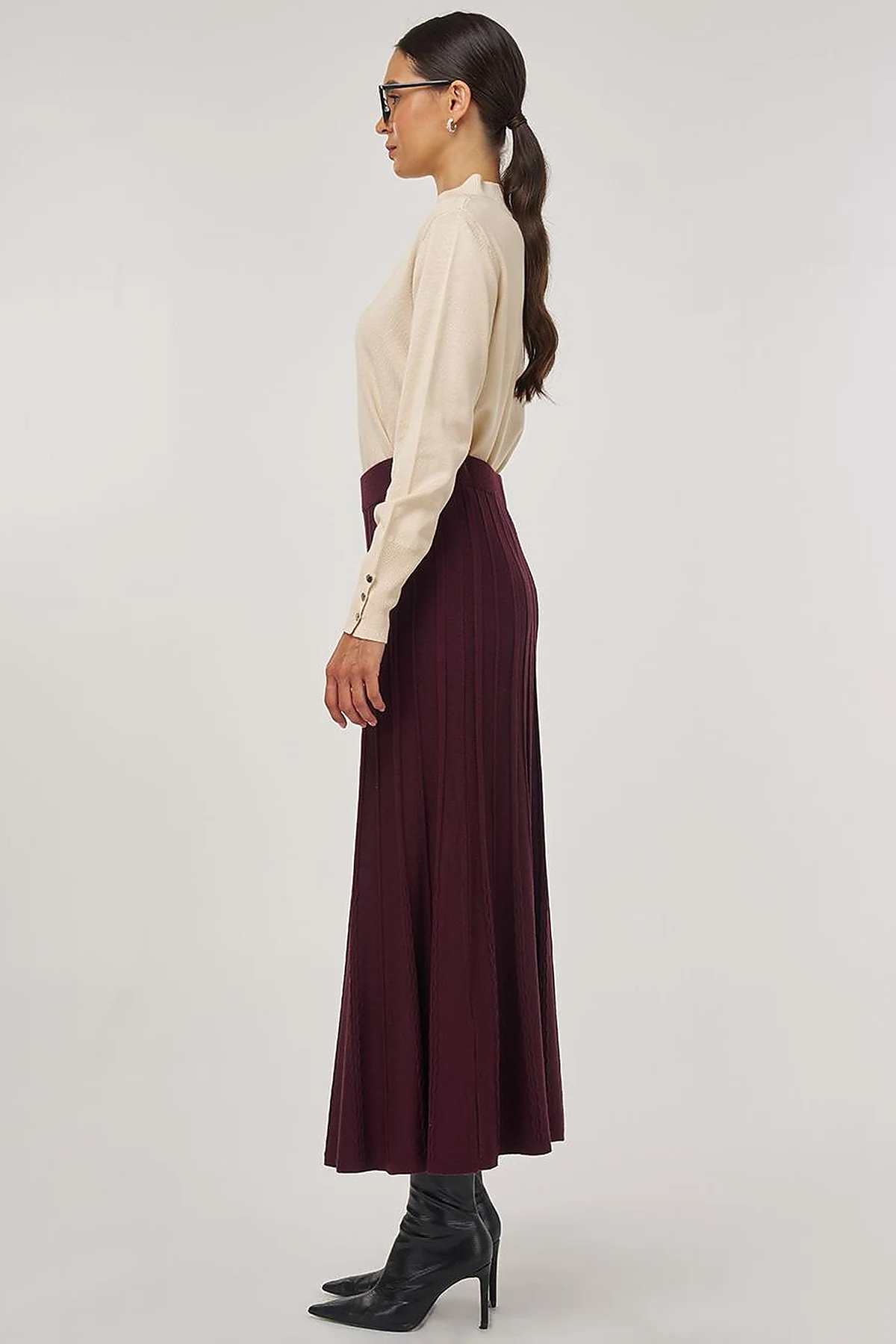 High Waist Viscose Knit Skirt Burgundy