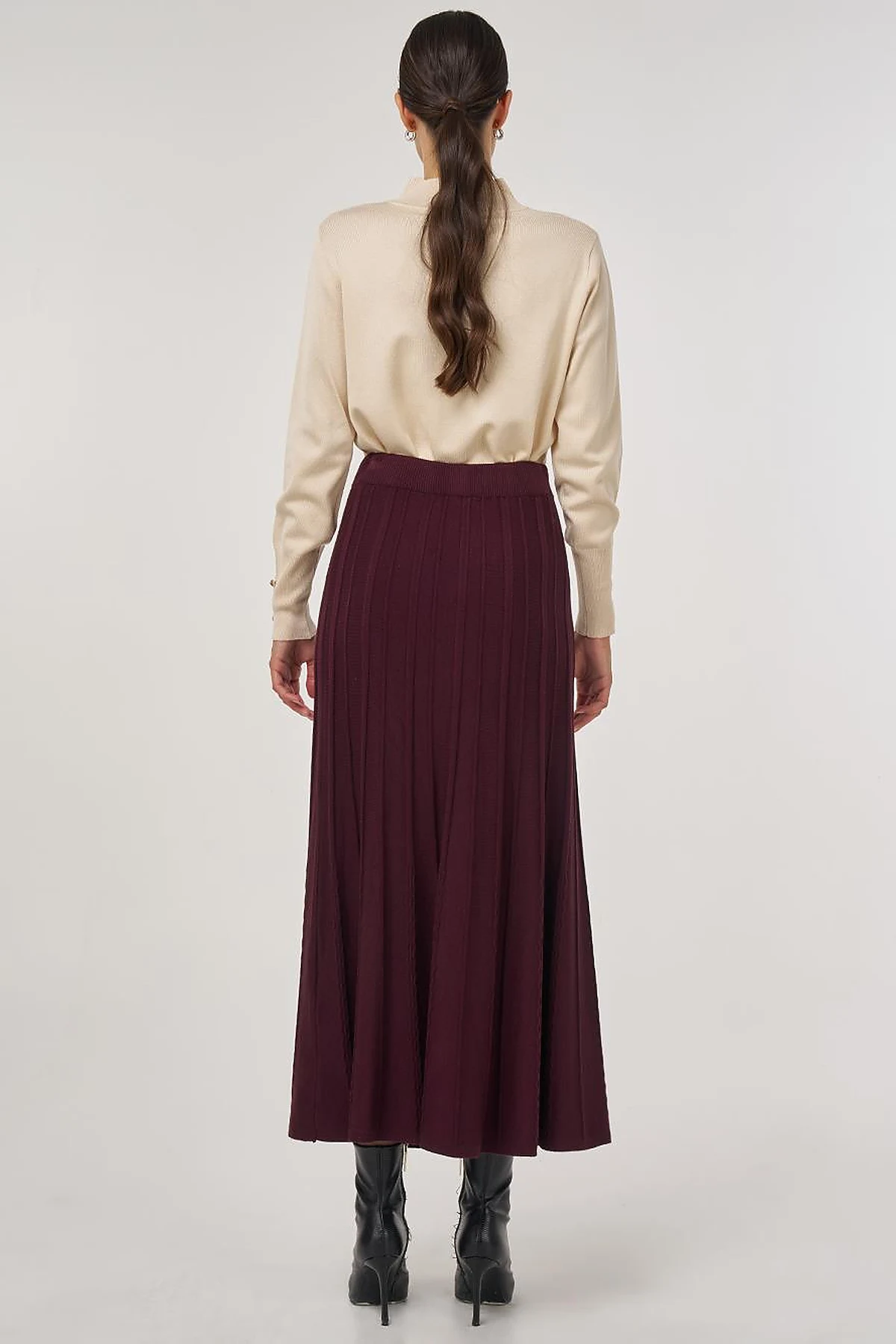 High Waist Viscose Knit Skirt Burgundy