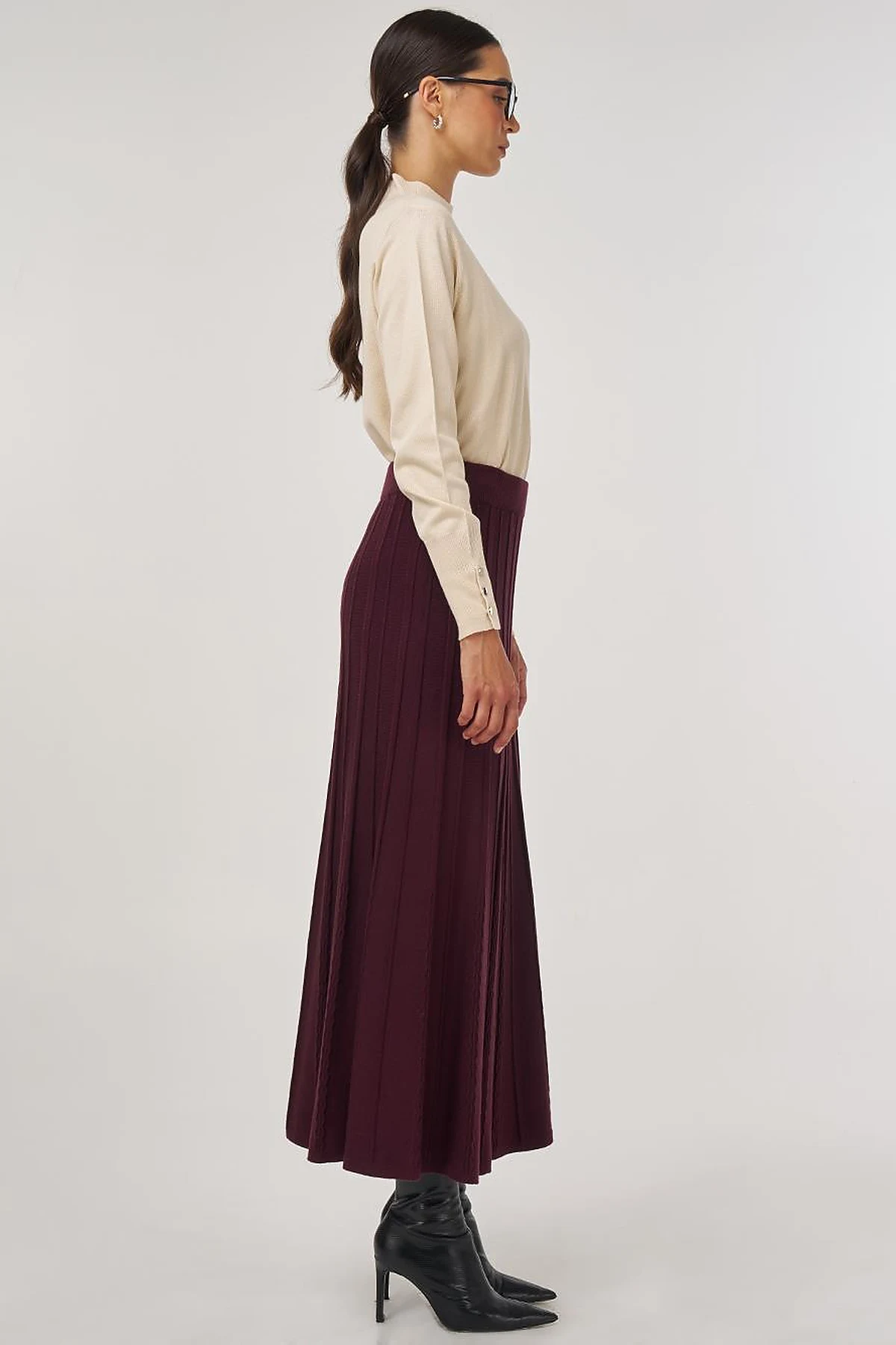 High Waist Viscose Knit Skirt Burgundy