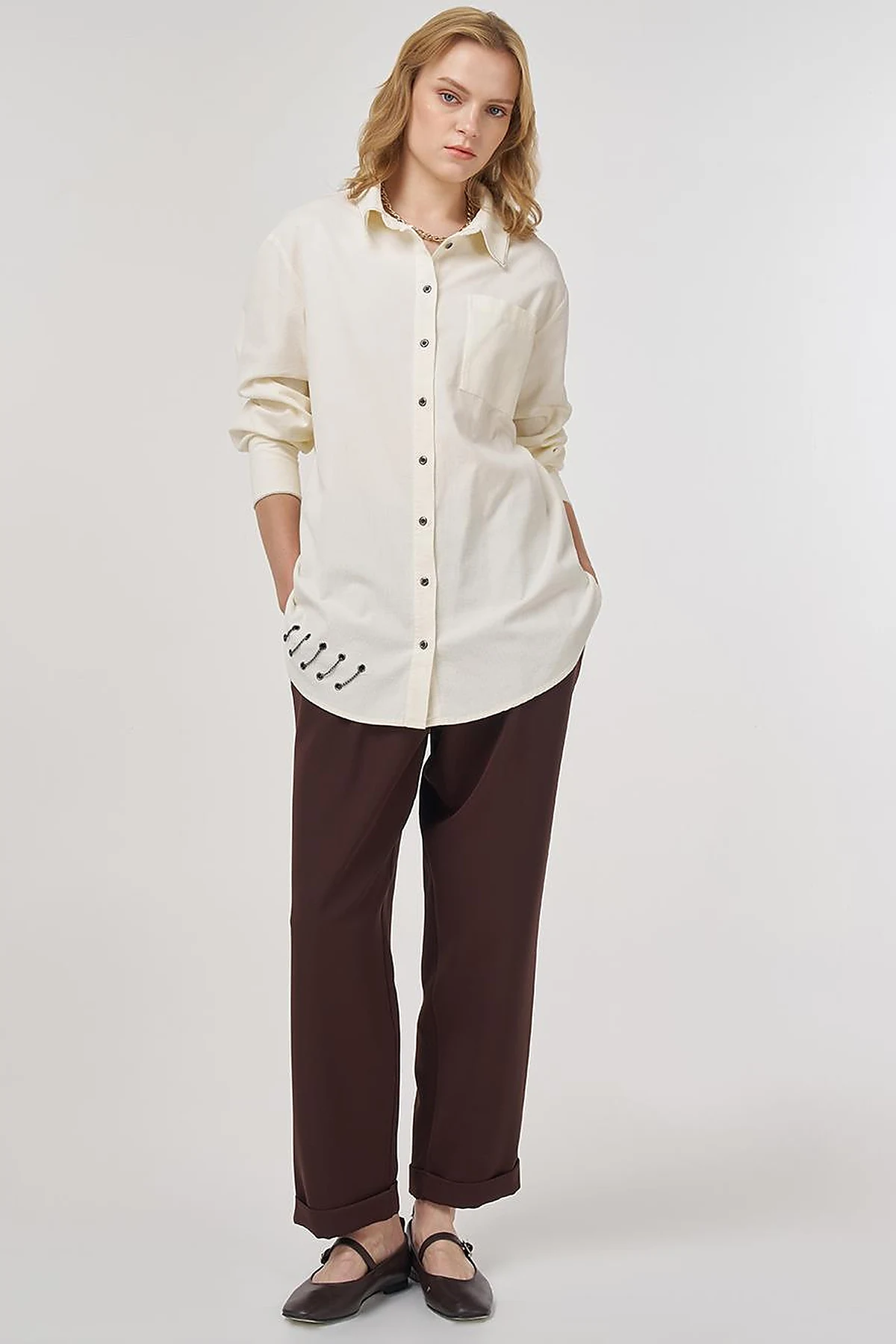 Velvet Tunic with Chain Detail Ecru