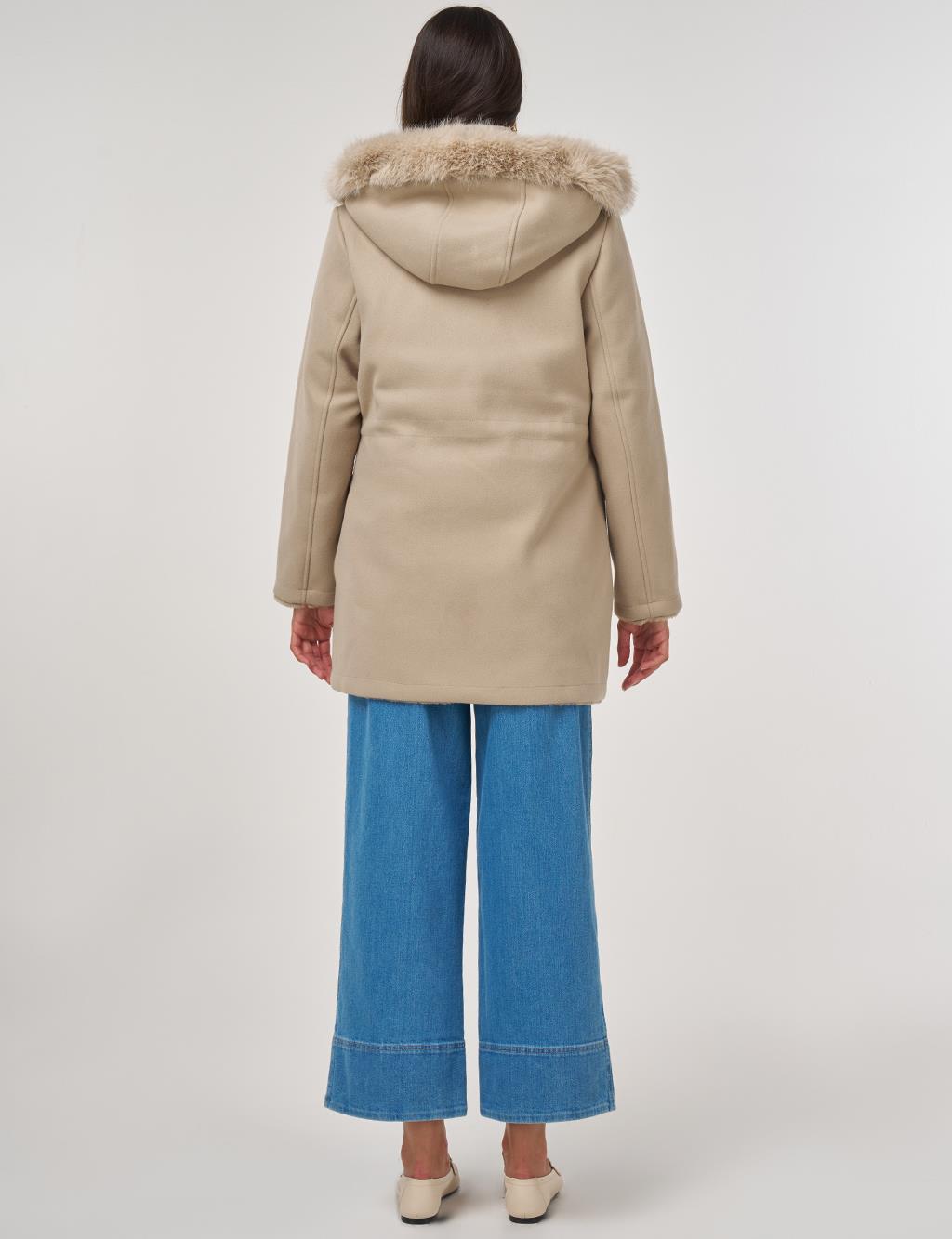 Çift Taraflı Kürk Detaylı Kaban Açık Kahve 
