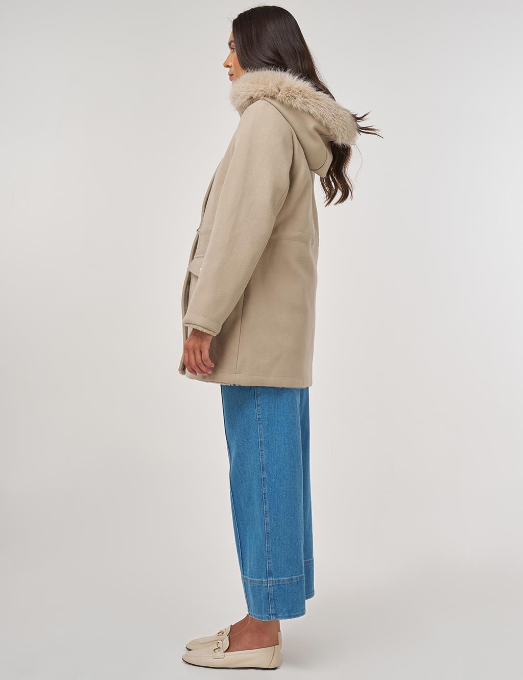 Çift Taraflı Kürk Detaylı Kaban Açık Kahve 