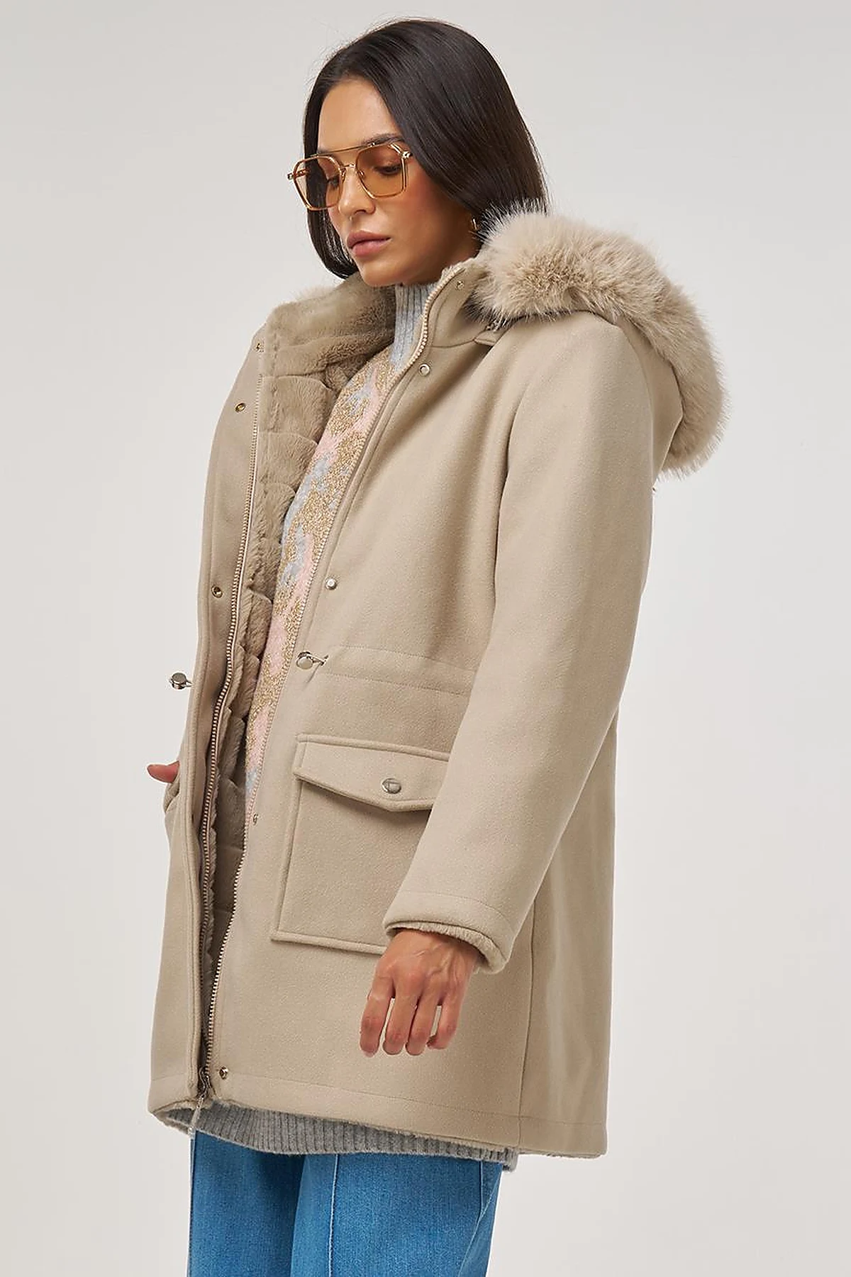 Double-Sided Coat with Fur Details Light Brown