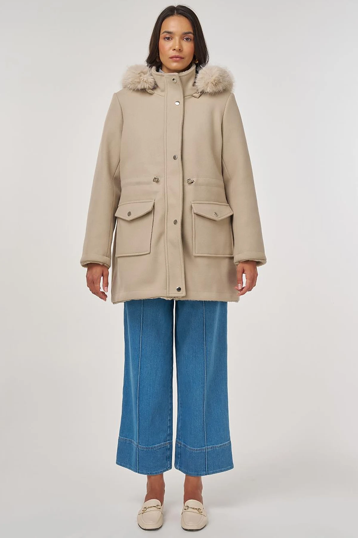 Double-Sided Coat with Fur Details Light Brown