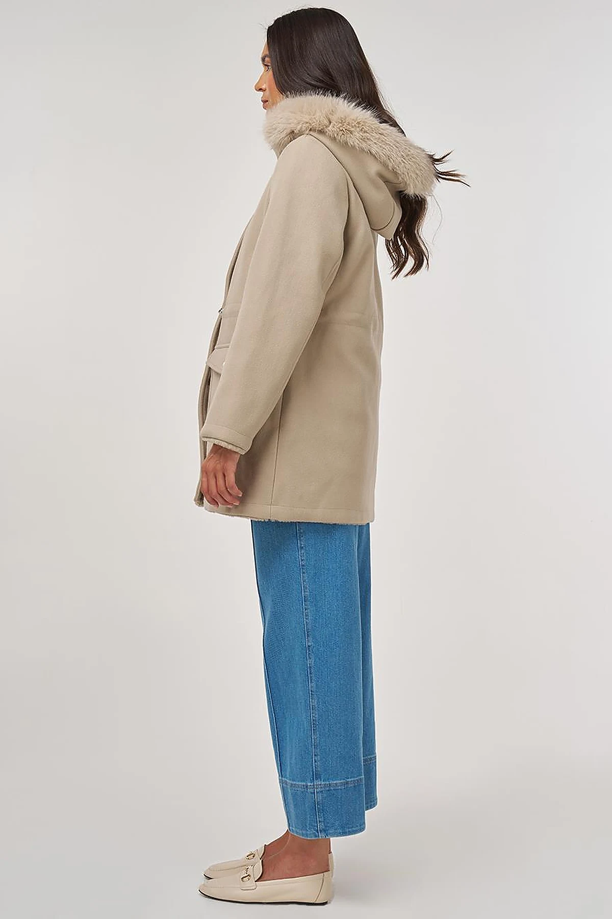 Double-Sided Coat with Fur Details Light Brown
