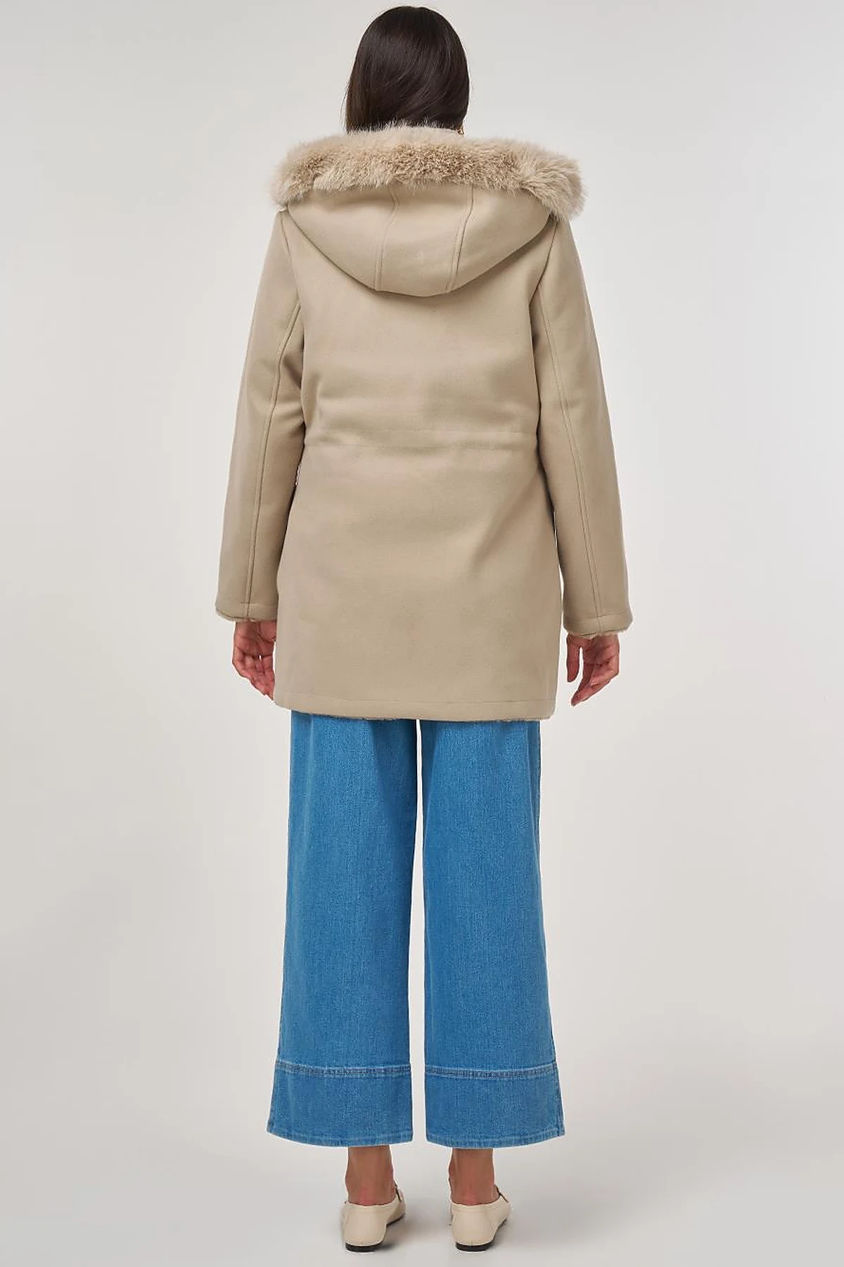 Double-Sided Coat with Fur Details Light Brown