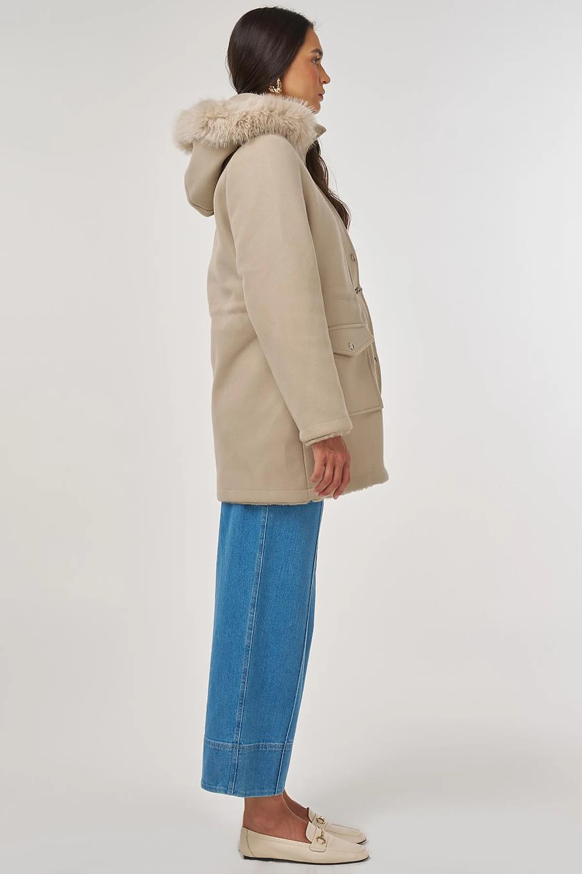 Double-Sided Coat with Fur Details Light Brown