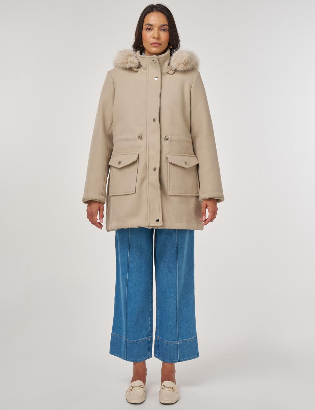 Çift Taraflı Kürk Detaylı Kaban Açık Kahve 
