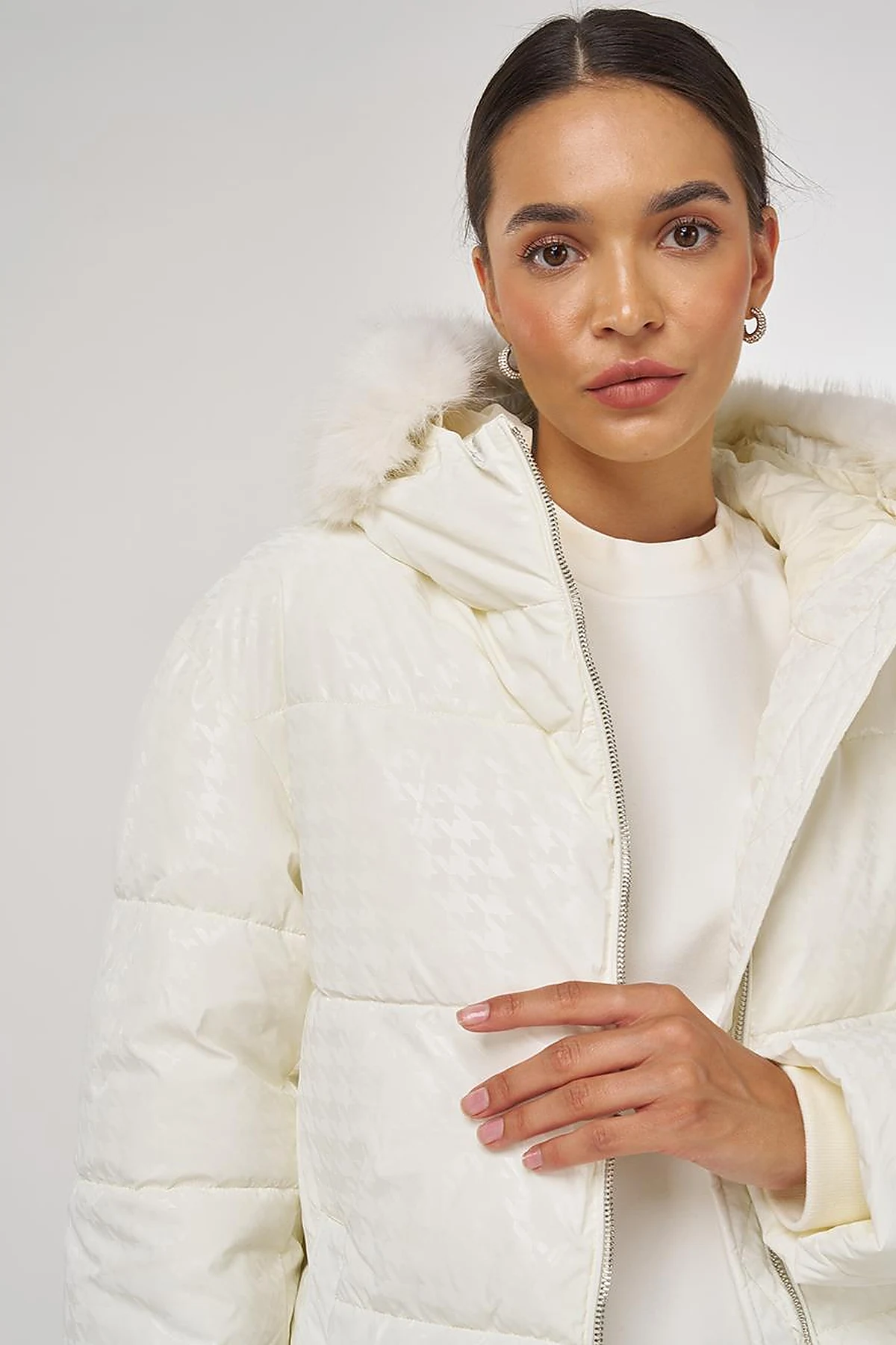 Houndstooth Pattern Anorak Jacket Optical White