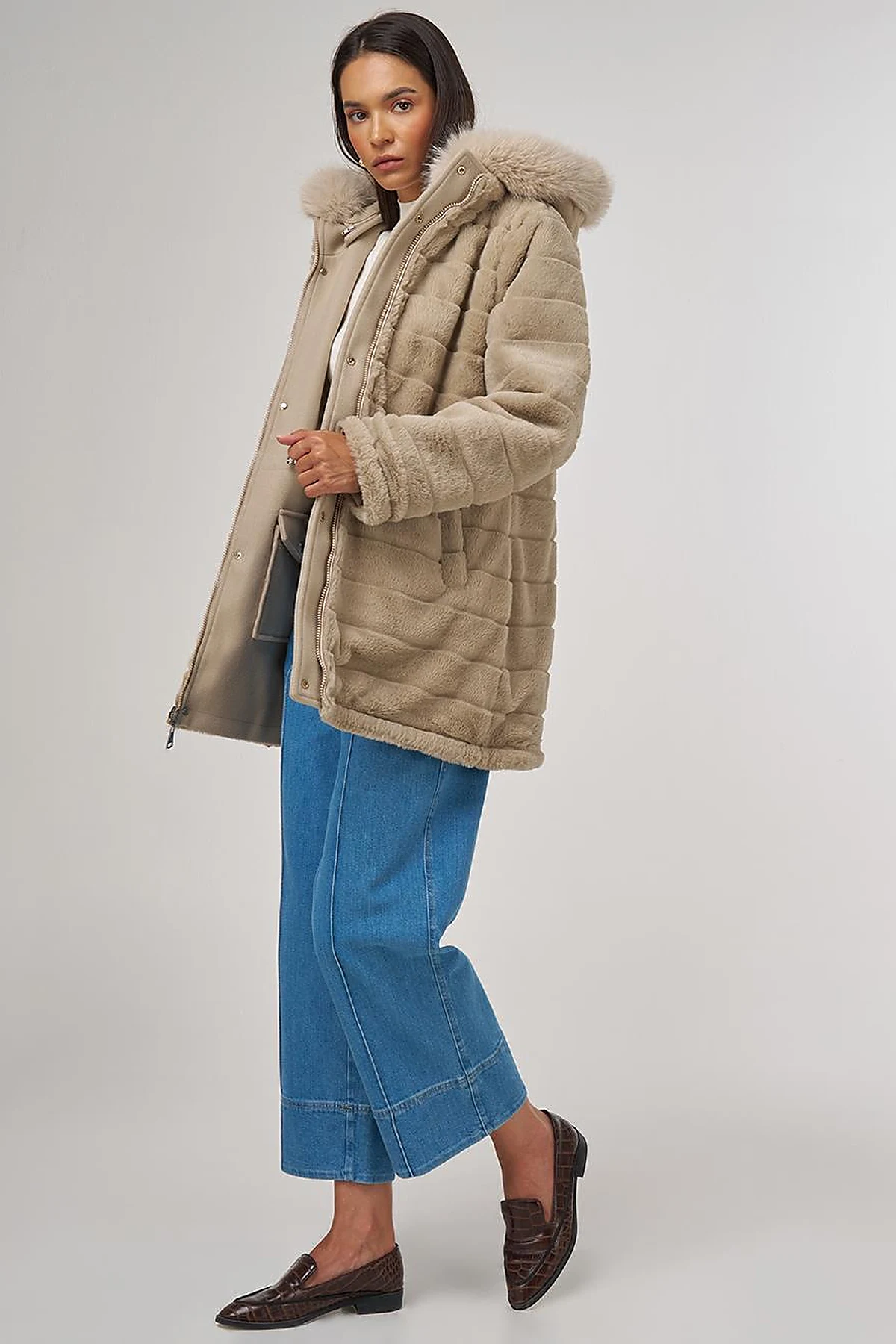 Double-Sided Coat with Fur Details Light Brown