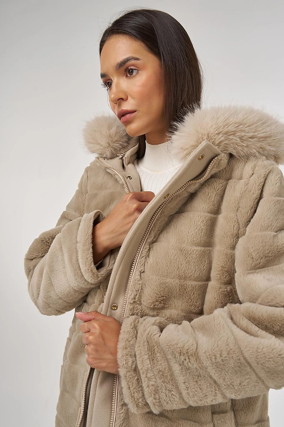 Double-Sided Coat with Fur Details Light Brown