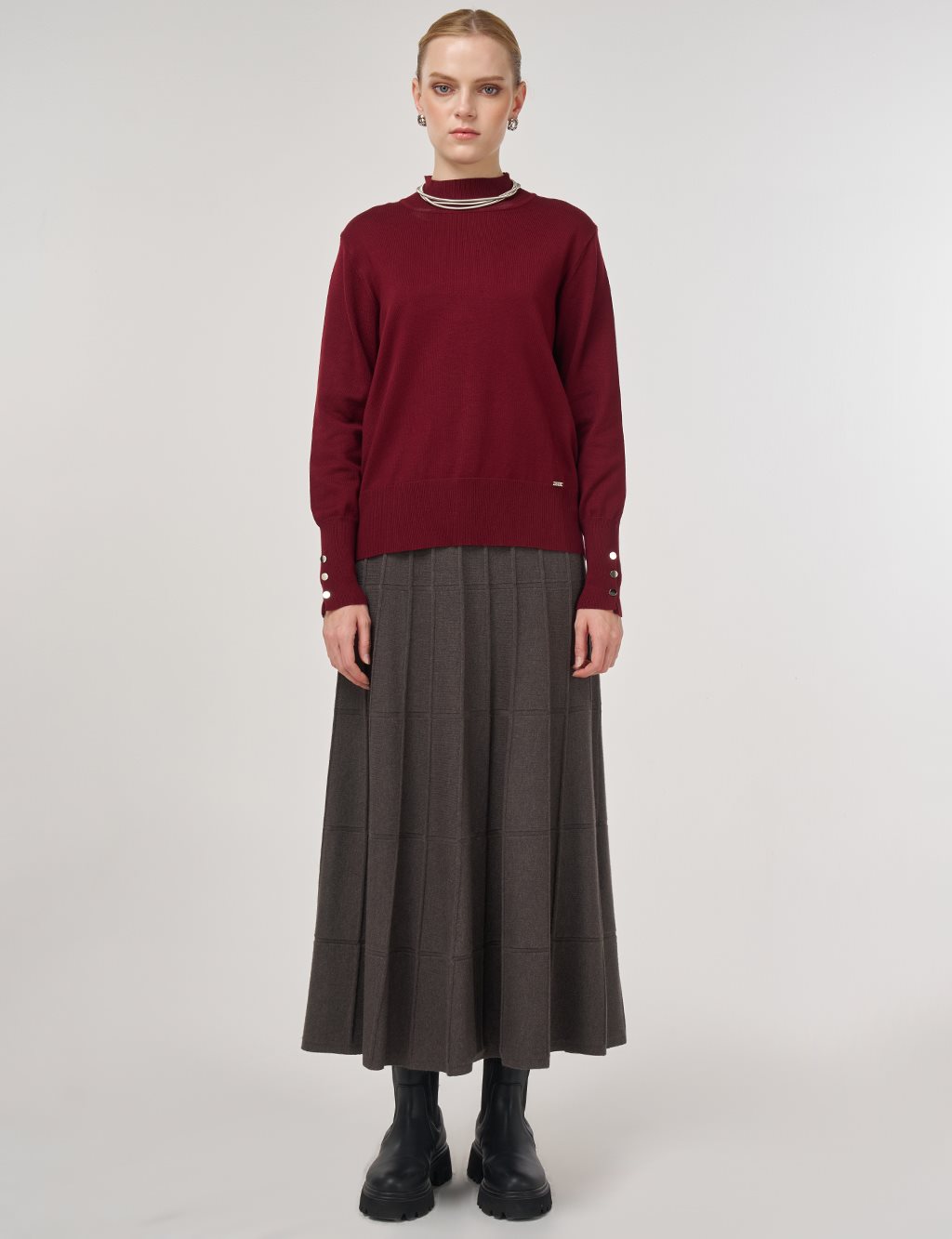 Mock Neck Basic Knit Sweater Dark Burgundy 