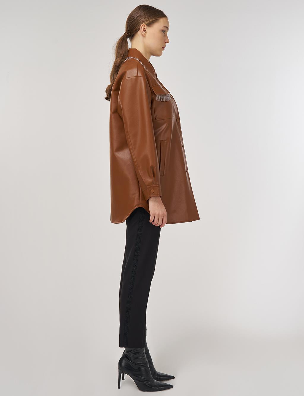 Faux Leather Jacket with Dangling Detail in Brown