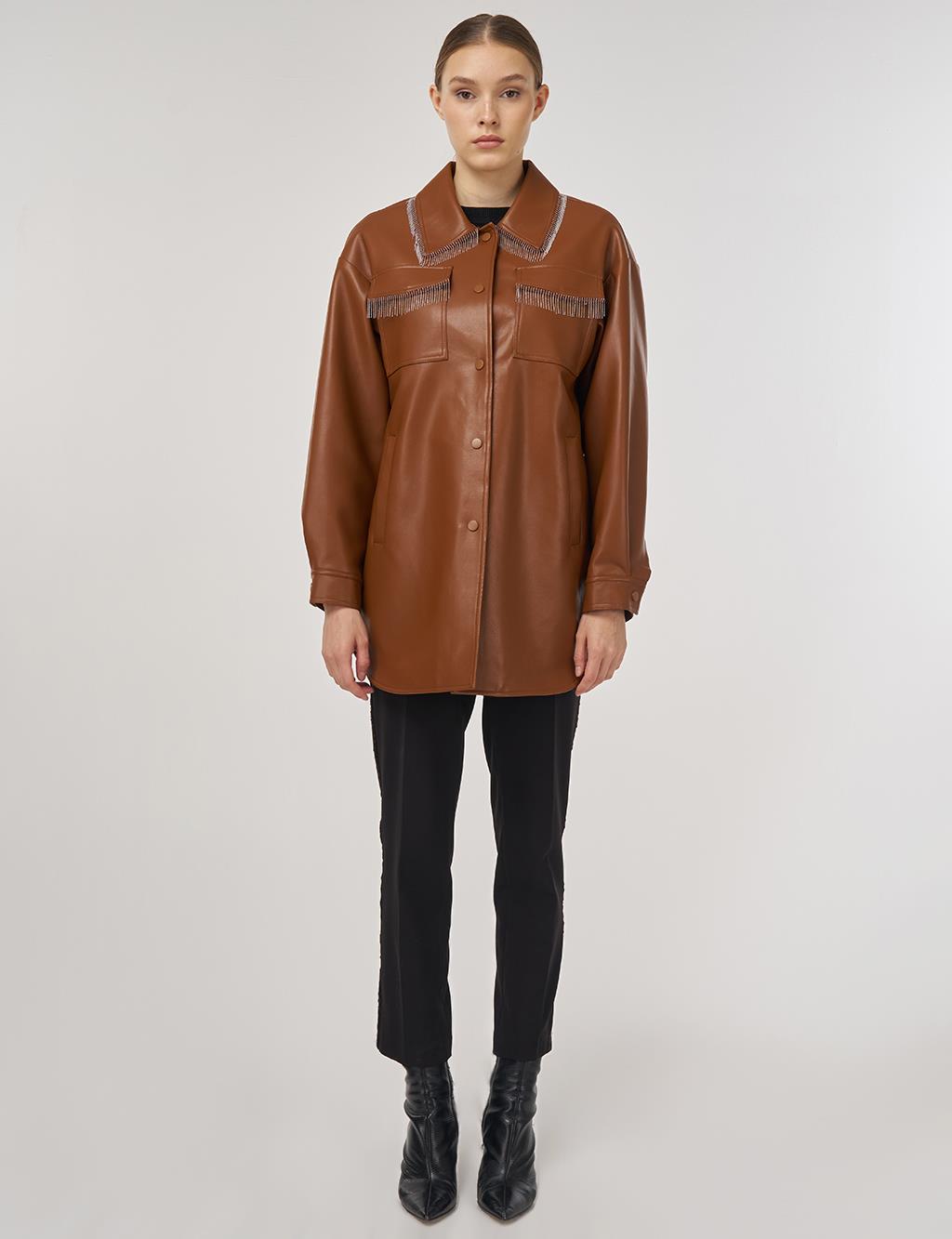 Faux Leather Jacket with Dangling Detail in Brown