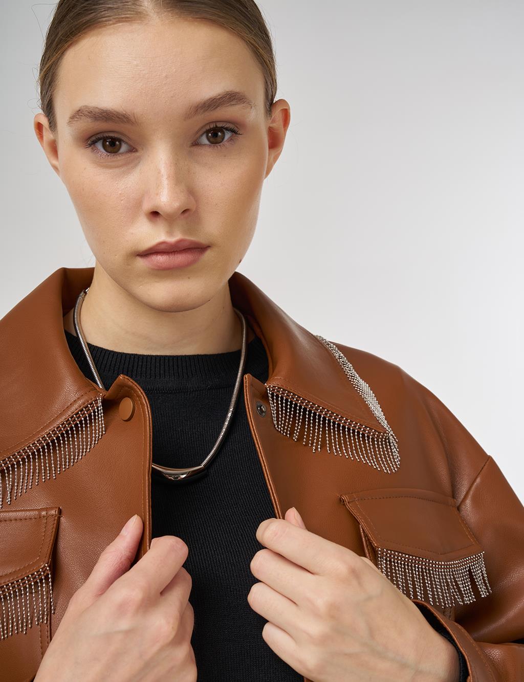 Faux Leather Jacket with Dangling Detail in Brown