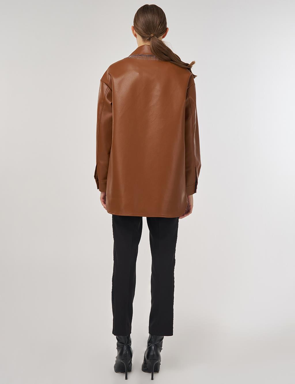 Faux Leather Jacket with Dangling Detail in Brown