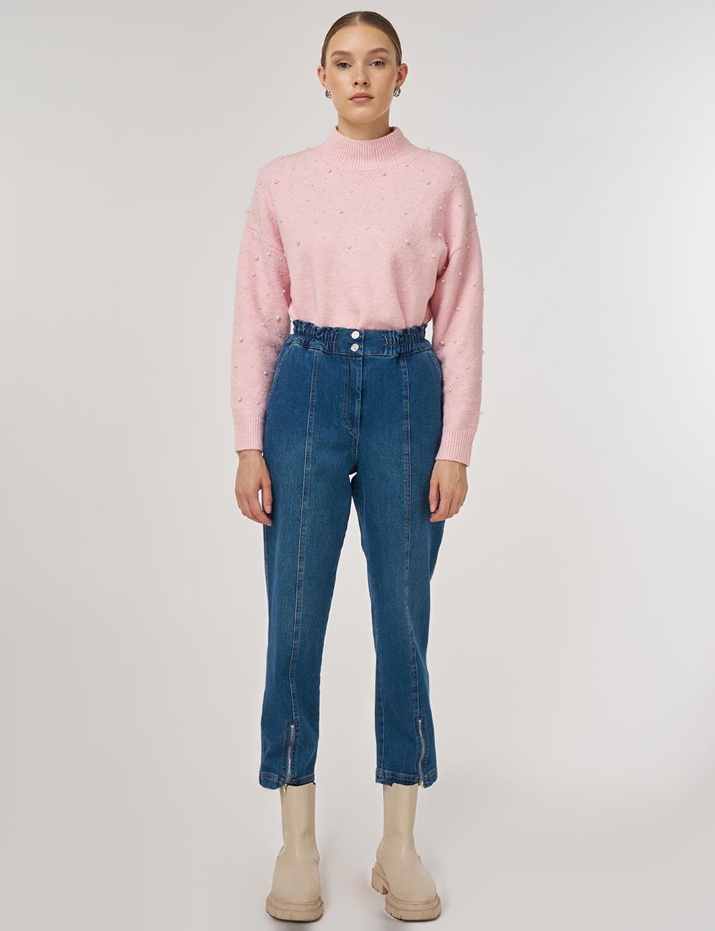 Zip Detailed Denim Trousers Navy 