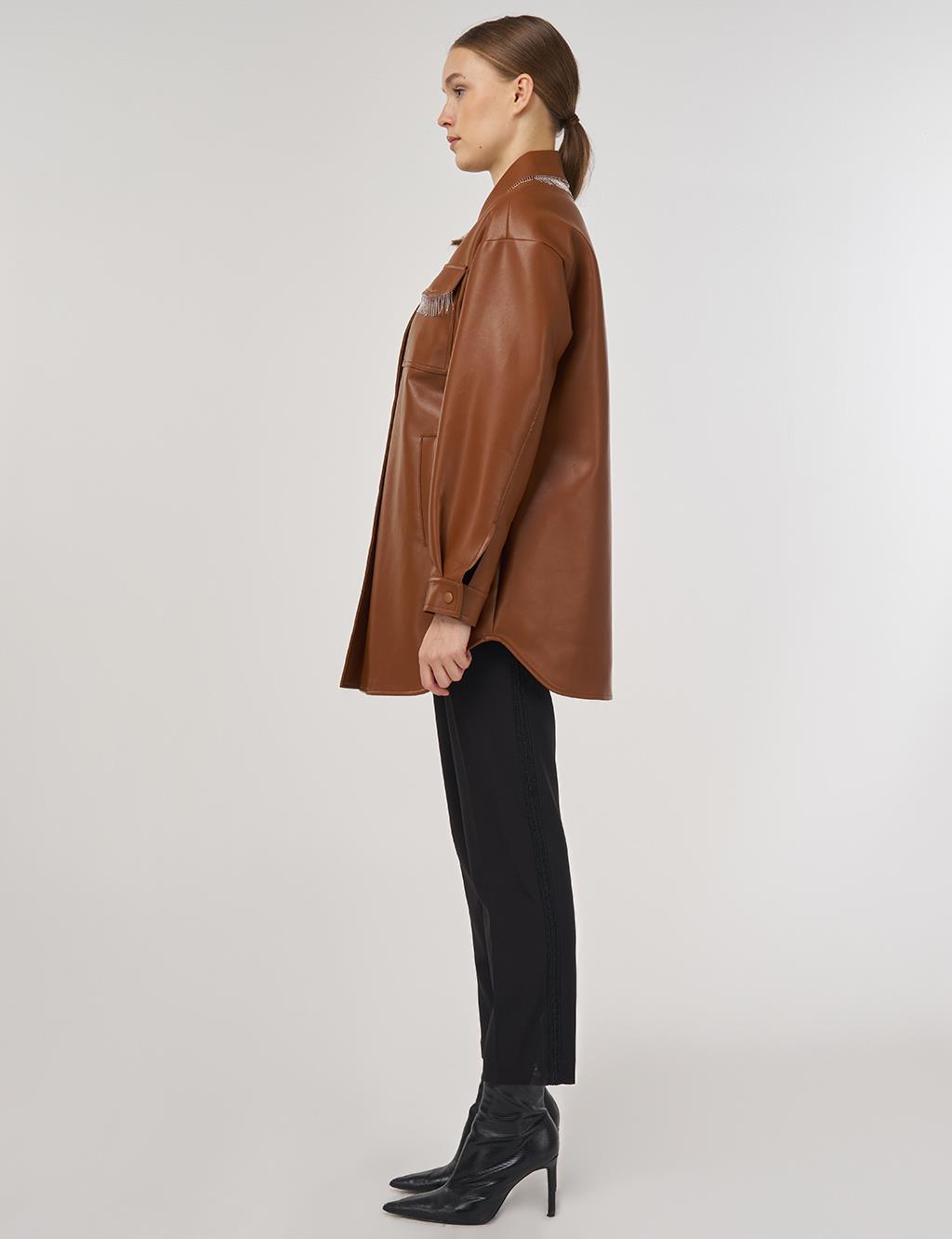 Faux Leather Jacket with Dangling Detail in Brown