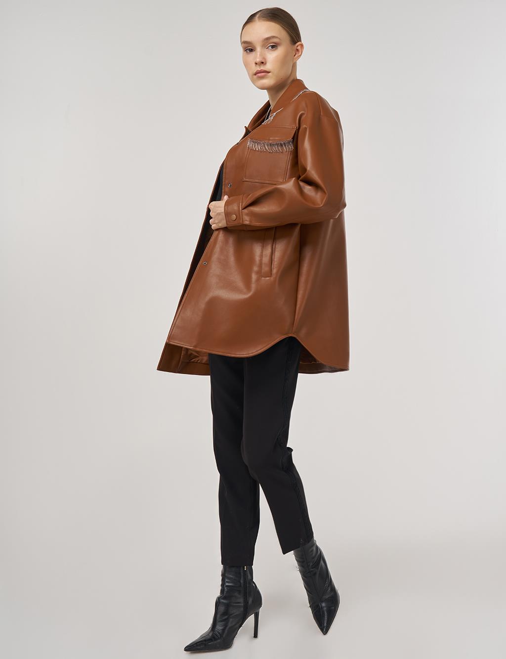 Faux Leather Jacket with Dangling Detail in Brown