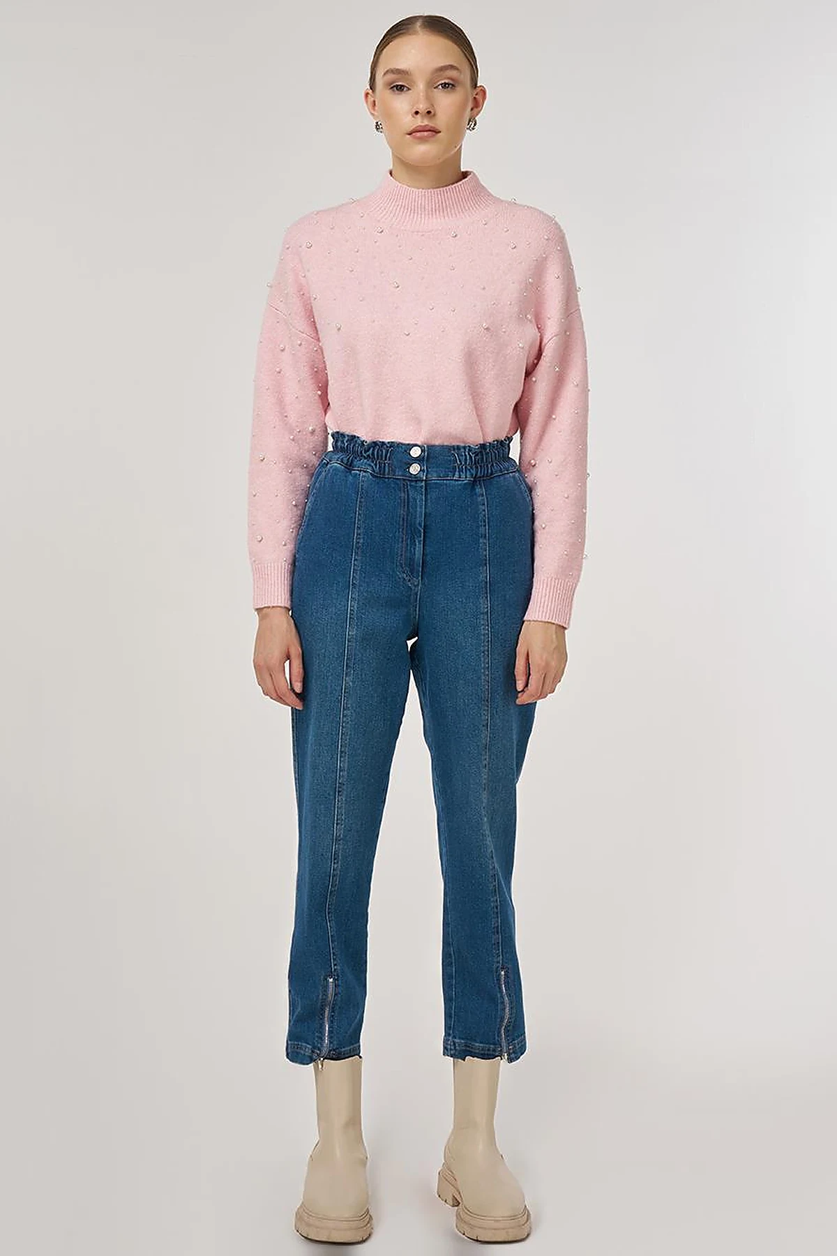 Zip Detailed Denim Trousers Navy 