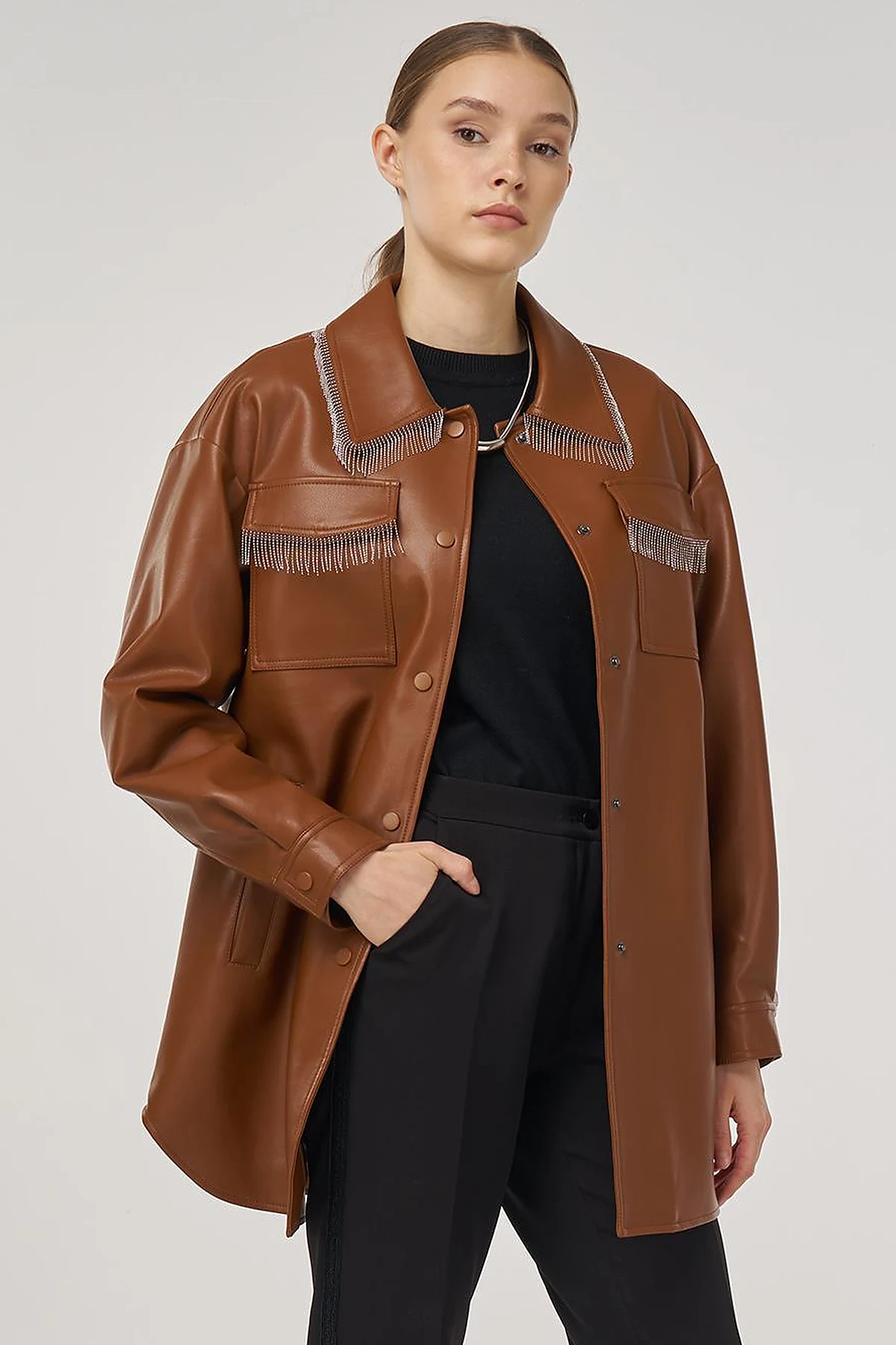 Faux Leather Jacket with Dangling Detail in Brown