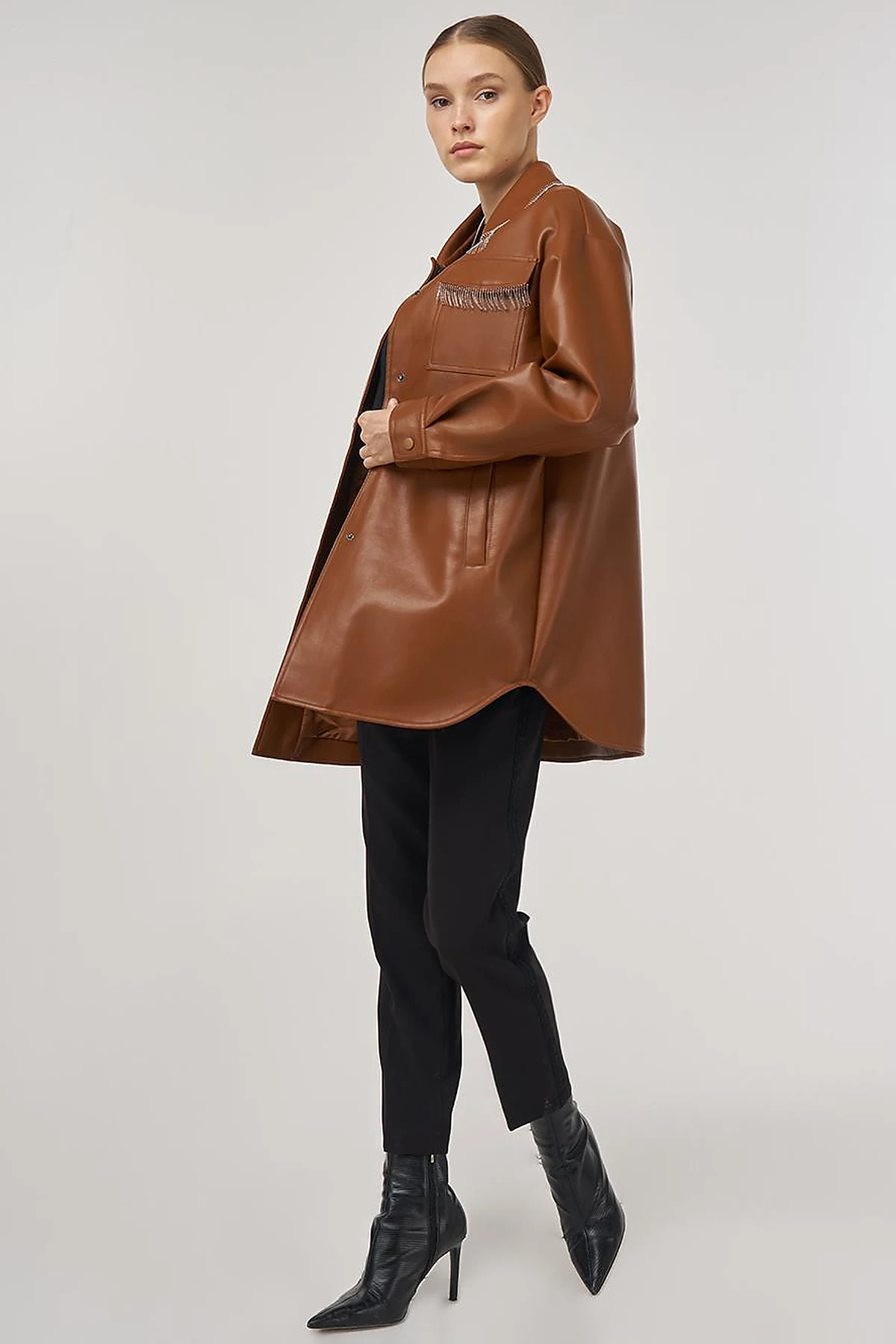 Faux Leather Jacket with Dangling Detail in Brown