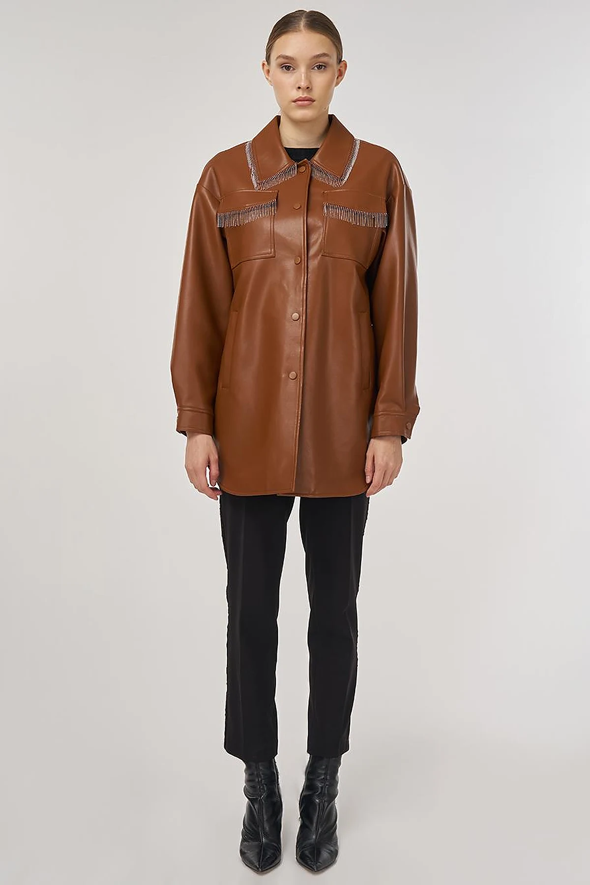 Faux Leather Jacket with Dangling Detail in Brown