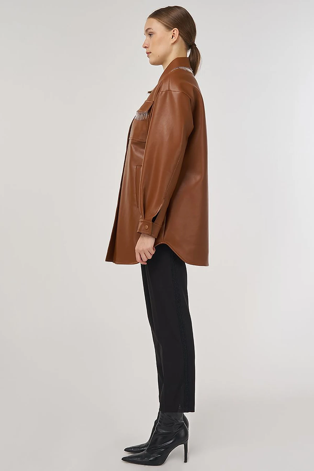 Faux Leather Jacket with Dangling Detail in Brown