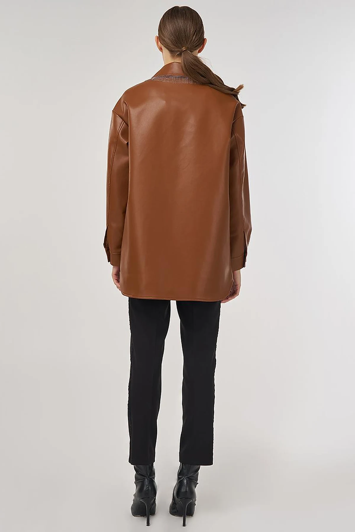 Faux Leather Jacket with Dangling Detail in Brown