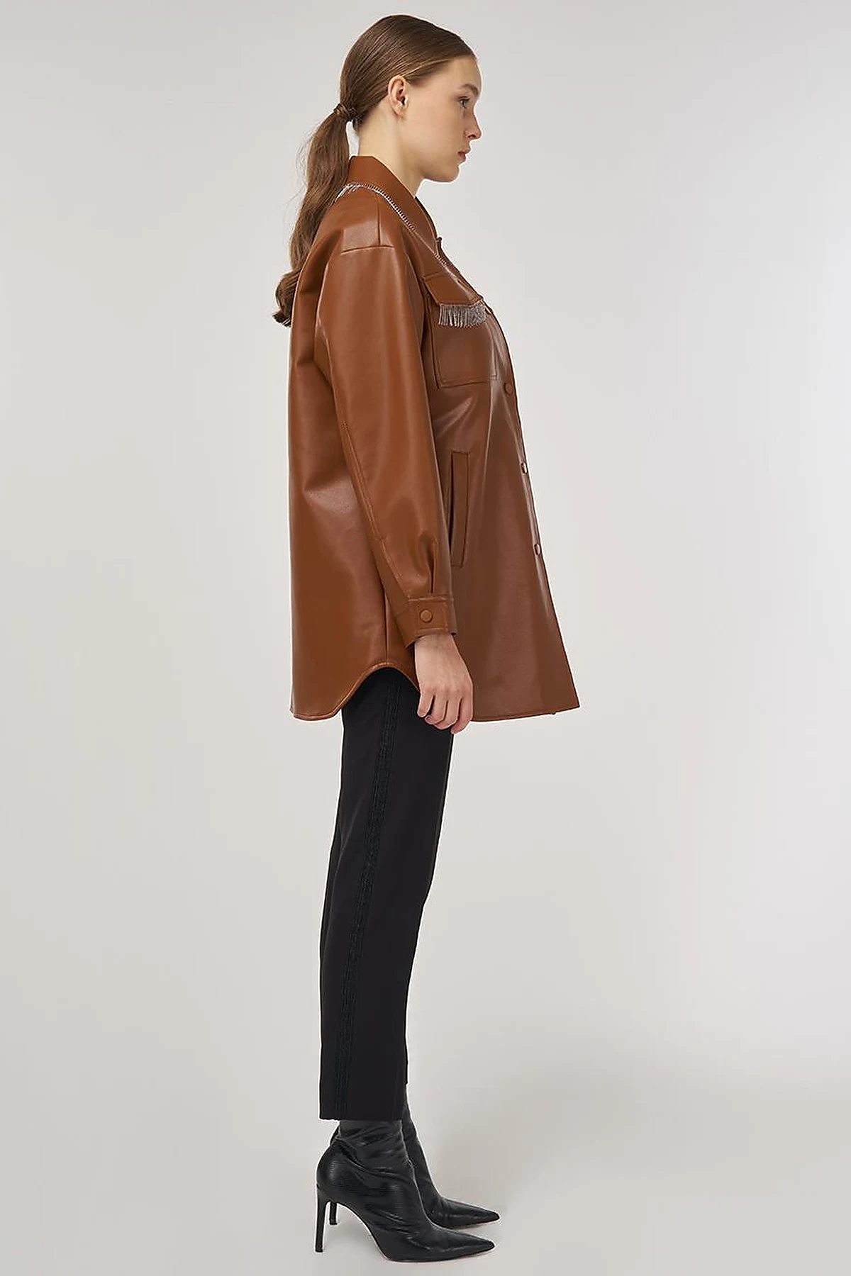 Faux Leather Jacket with Dangling Detail in Brown