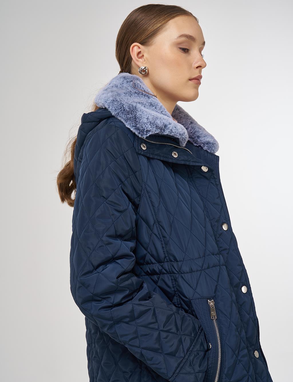 Fur-Detail Anorak Coat in Navy