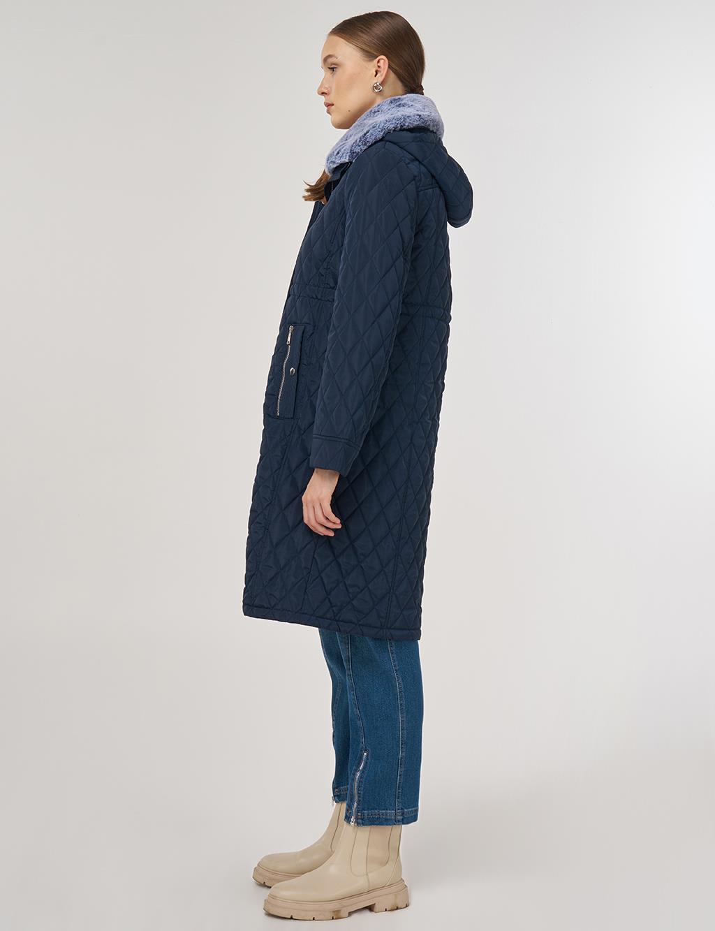 Fur-Detail Anorak Coat in Navy