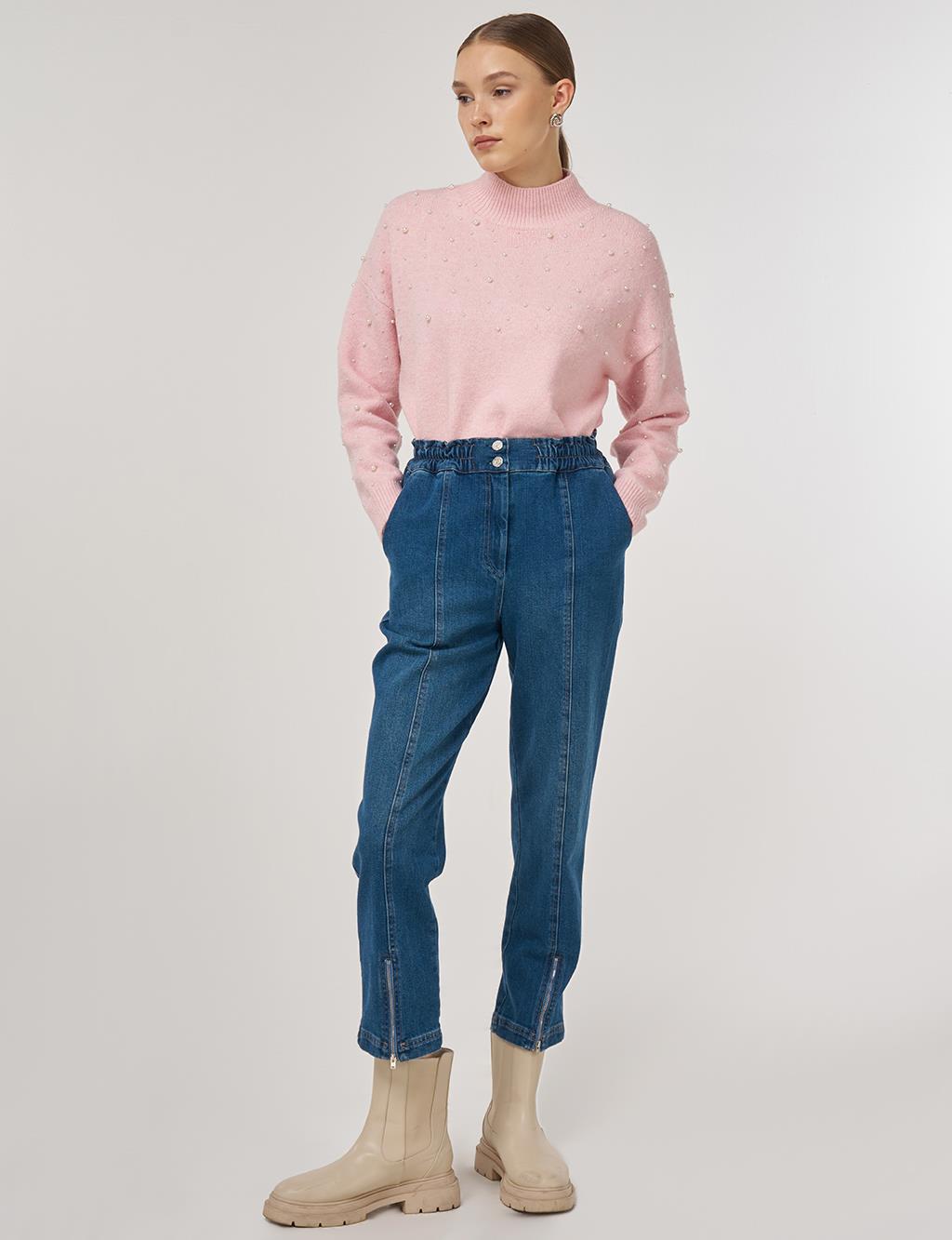 Zip Detailed Denim Trousers Navy 