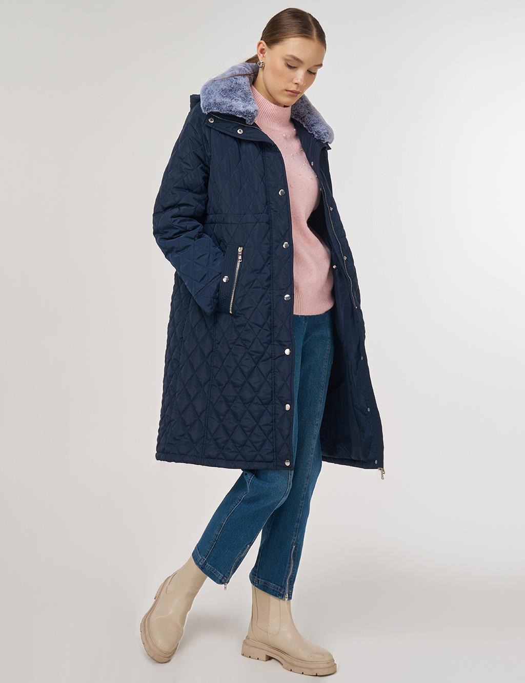 Fur-Detail Anorak Coat in Navy