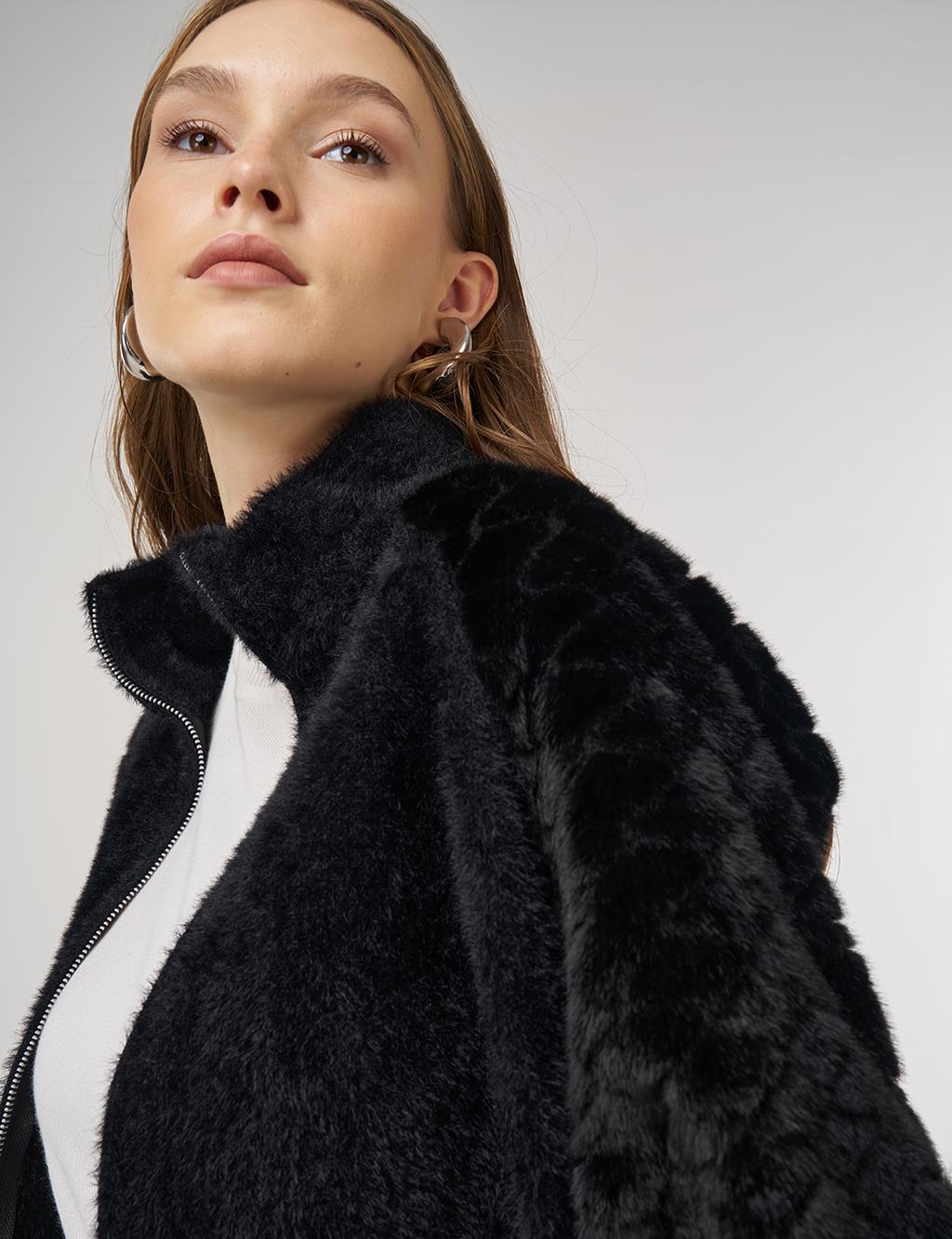 Knit Jacket with Plush Trim in Black 