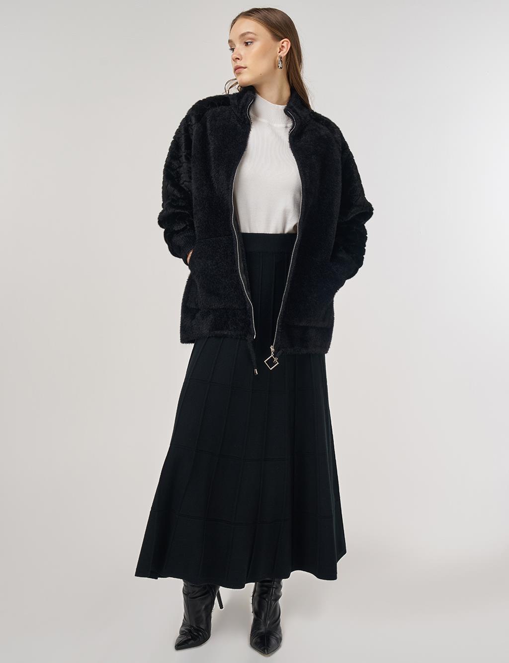 Knit Jacket with Plush Trim in Black 