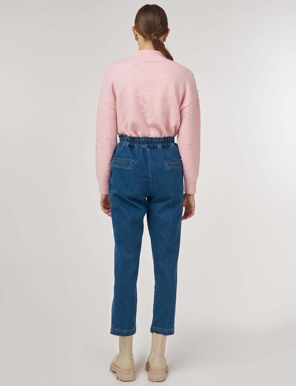 Zip Detailed Denim Trousers Navy 