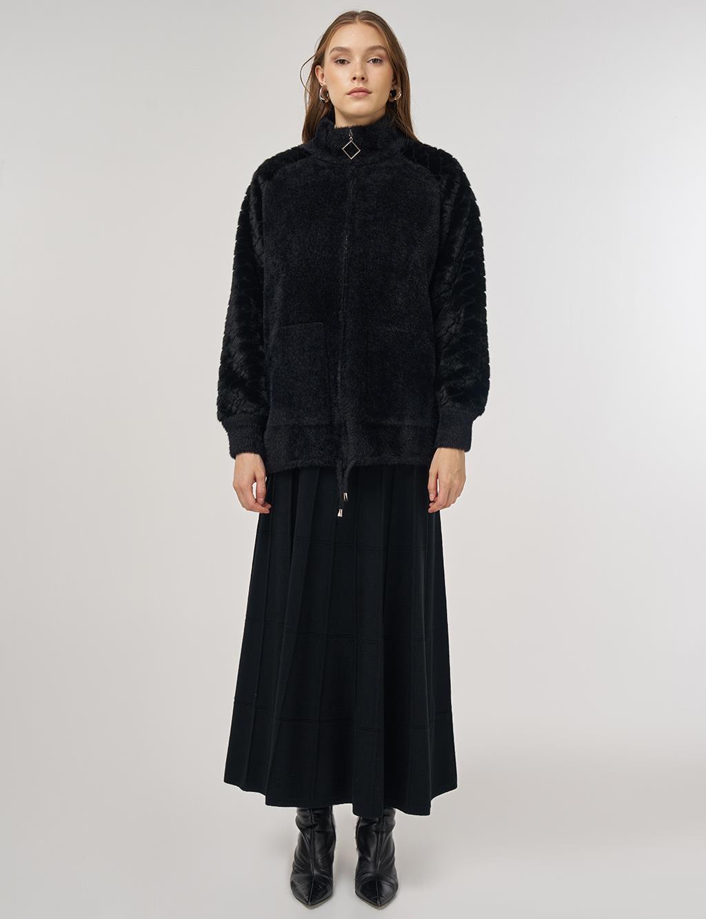 Knit Jacket with Plush Trim in Black 