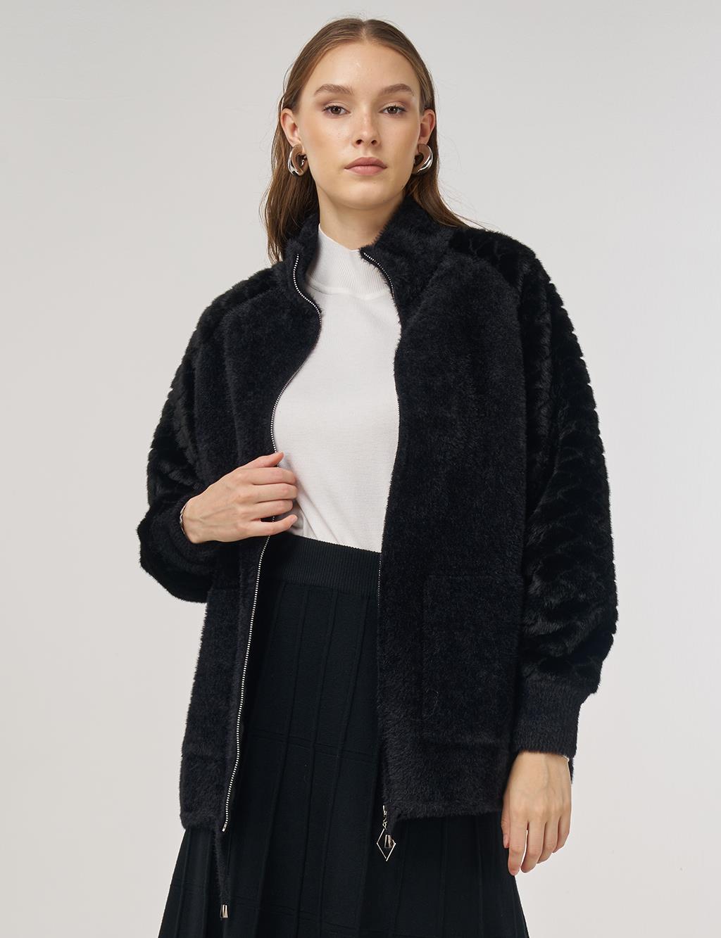 Knit Jacket with Plush Trim in Black 